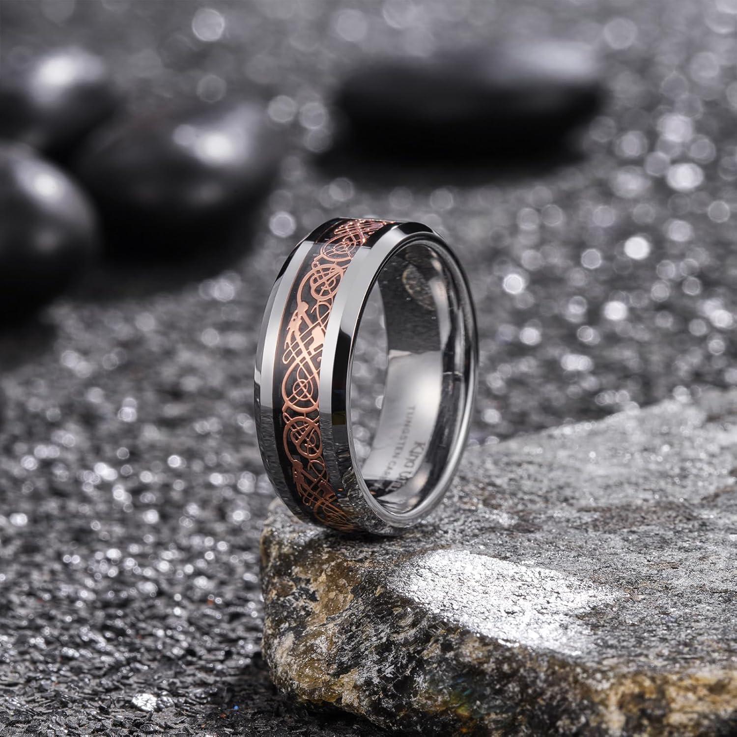 imageKing Will Mens Dragon Celtic Tungsten Ring 5678mm Widths Polished Beveled Edge Comfort Fit Carbide Wedding Band Promise Rings Size 416BSilverRose Gold 8mm