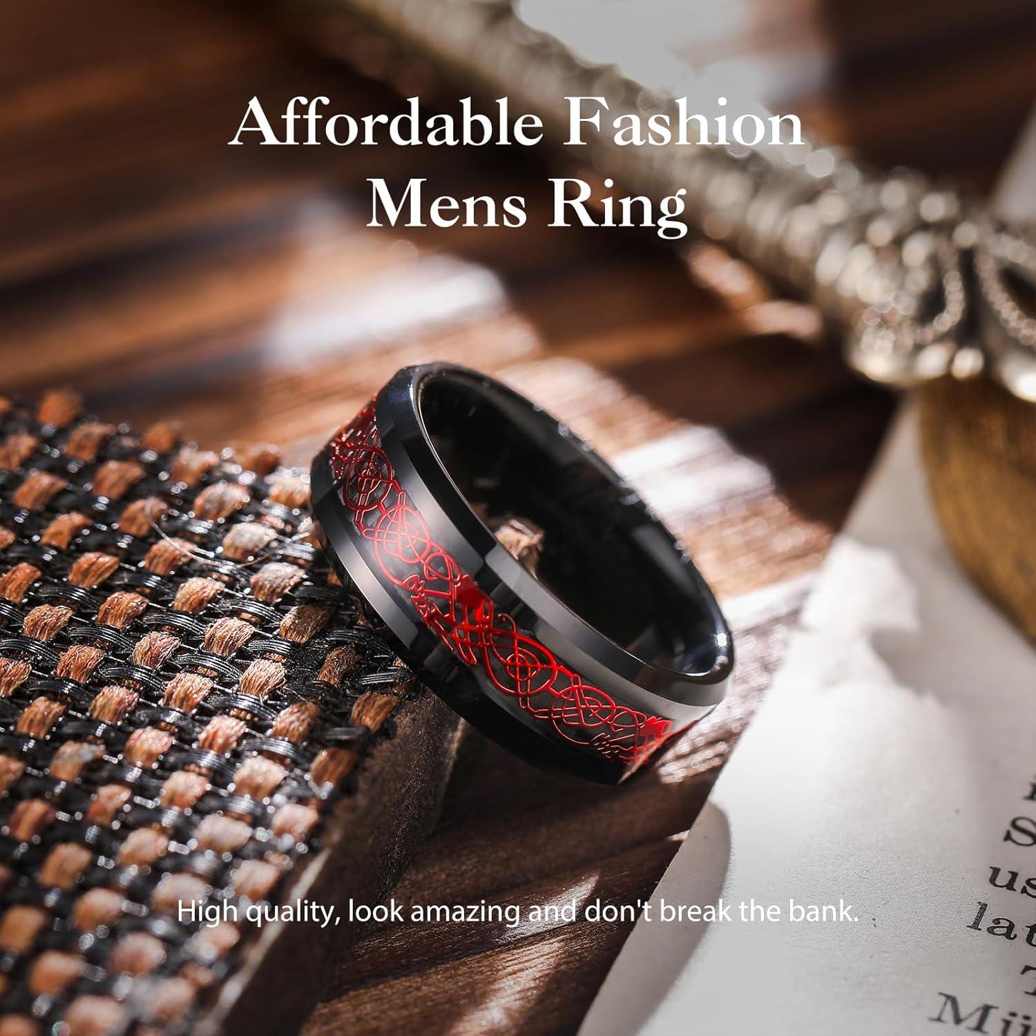 imageKing Will Mens Dragon Celtic Tungsten Ring 5678mm Widths Polished Beveled Edge Comfort Fit Carbide Wedding Band Promise Rings Size 416Black Red 8mm
