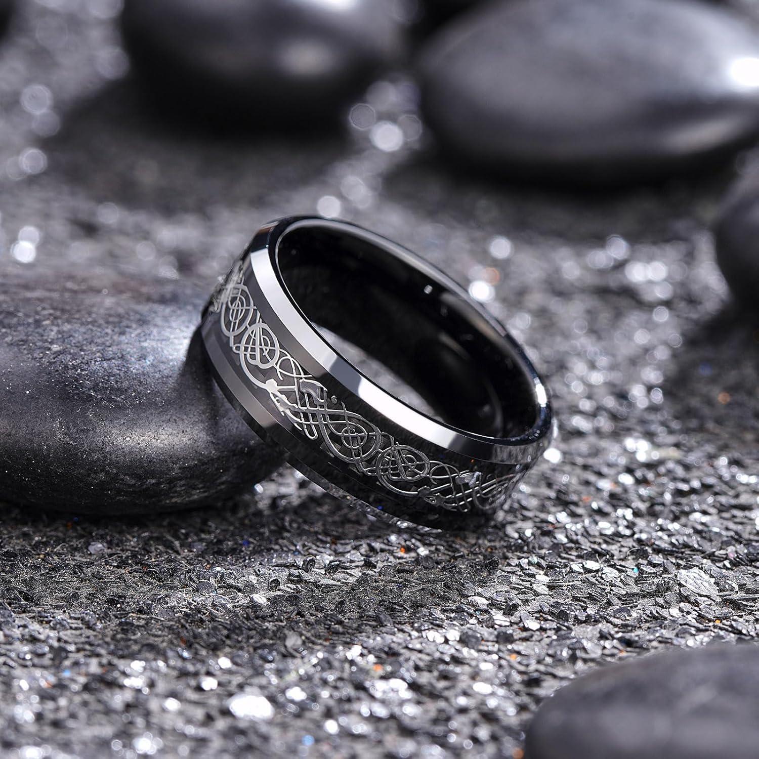 imageKing Will Mens Dragon Celtic Tungsten Ring 5678mm Widths Polished Beveled Edge Comfort Fit Carbide Wedding Band Promise Rings Size 416CBlack Silver 8mm