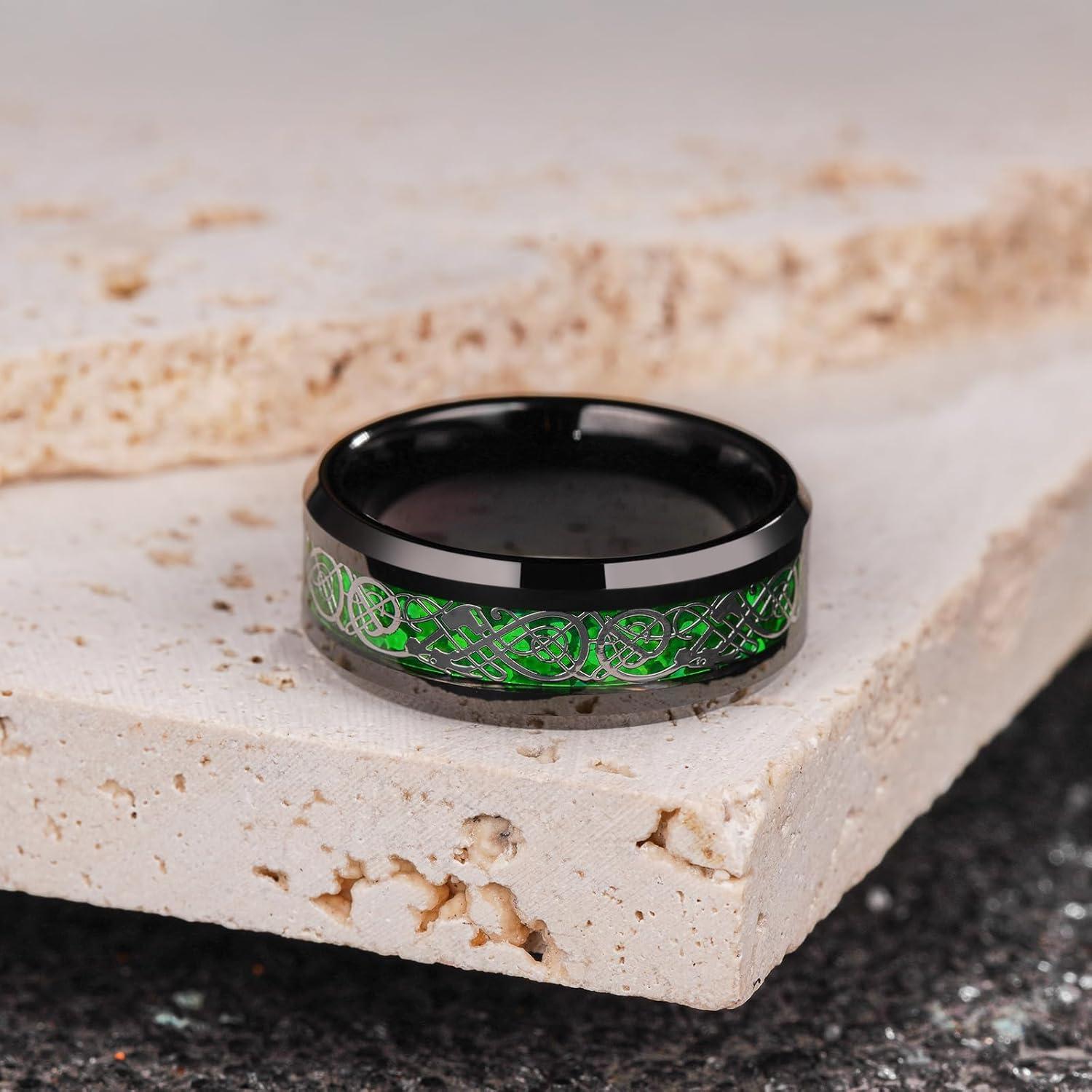 imageKing Will Mens Dragon Celtic Tungsten Ring 5678mm Widths Polished Beveled Edge Comfort Fit Carbide Wedding Band Promise Rings Size 416CSilverGreen 8mm
