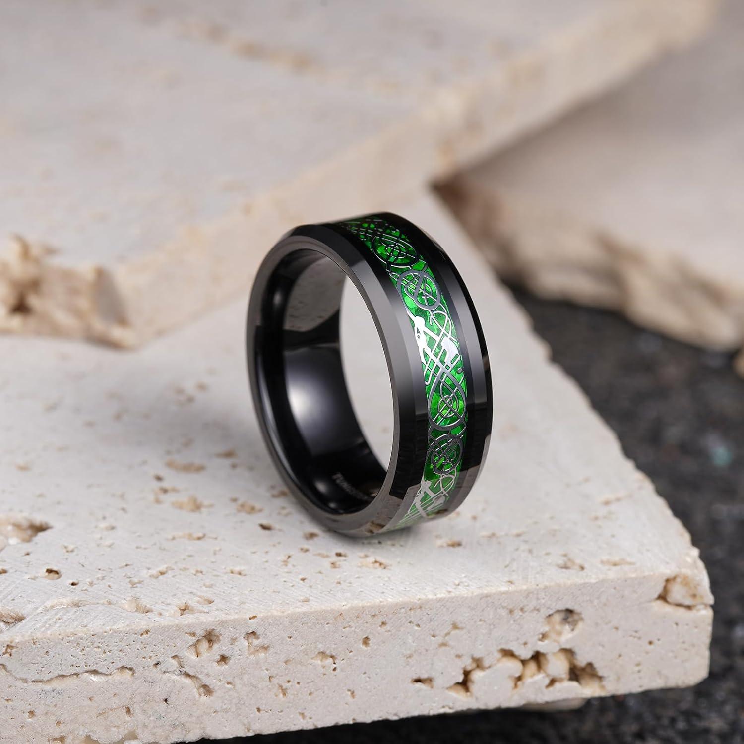 imageKing Will Mens Dragon Celtic Tungsten Ring 5678mm Widths Polished Beveled Edge Comfort Fit Carbide Wedding Band Promise Rings Size 416CSilverGreen 8mm