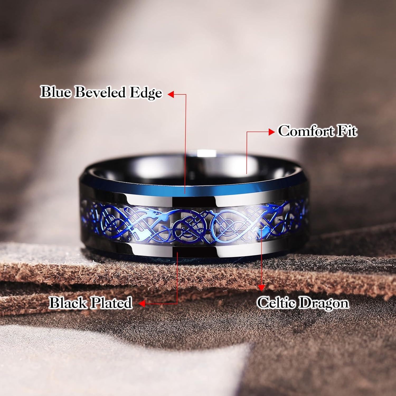imageKing Will Mens Dragon Celtic Tungsten Ring 5678mm Widths Polished Beveled Edge Comfort Fit Carbide Wedding Band Promise Rings Size 416DBlack Blue Edge 8mm