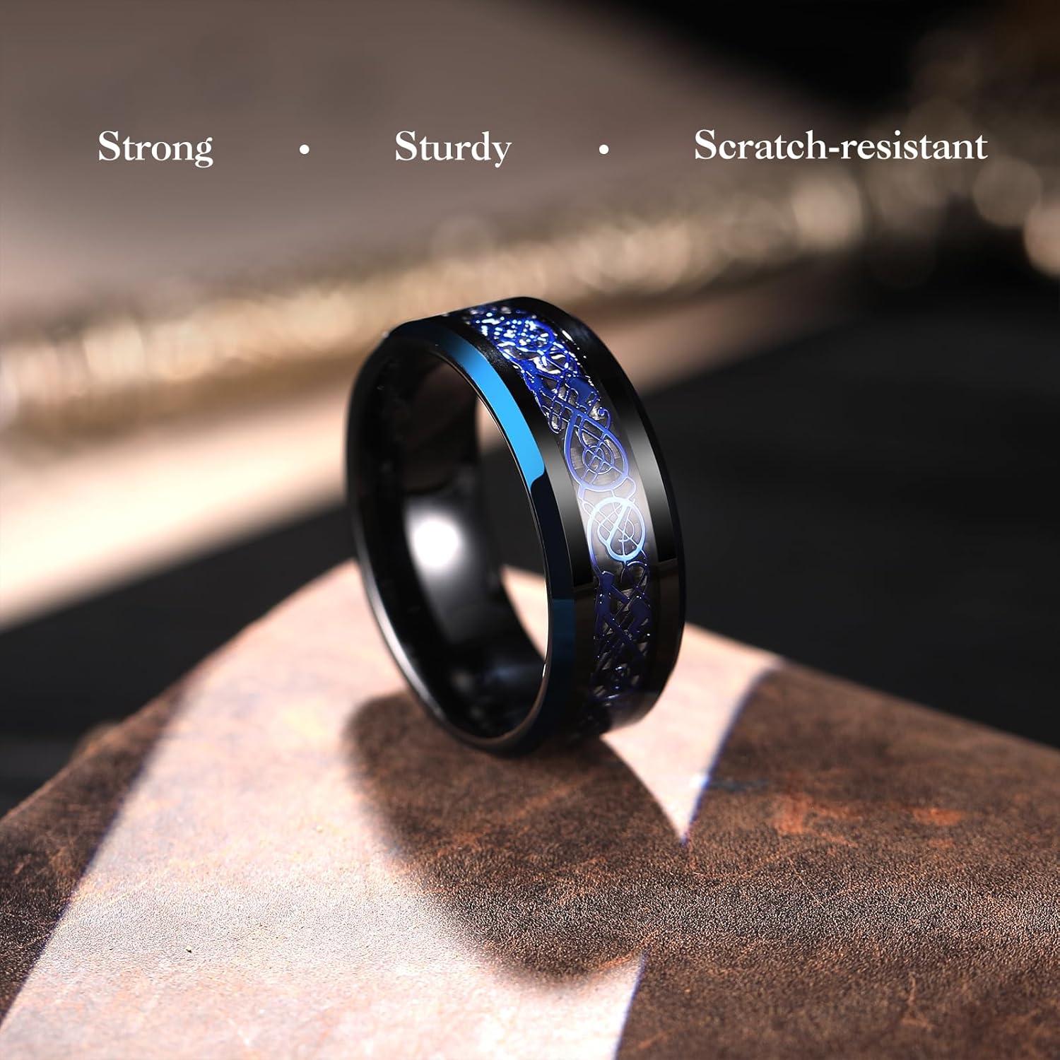 imageKing Will Mens Dragon Celtic Tungsten Ring 5678mm Widths Polished Beveled Edge Comfort Fit Carbide Wedding Band Promise Rings Size 416DBlack Blue Edge 8mm