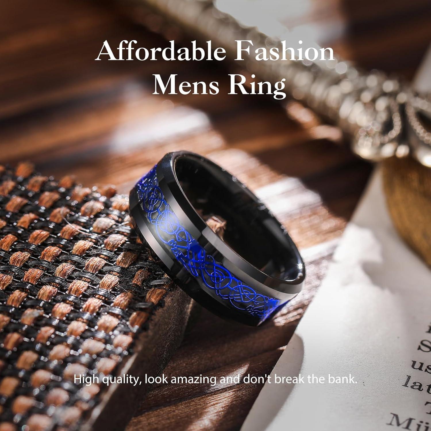 imageKing Will Mens Dragon Celtic Tungsten Ring 5678mm Widths Polished Beveled Edge Comfort Fit Carbide Wedding Band Promise Rings Size 416DBlack Mazarine Blue 8mm