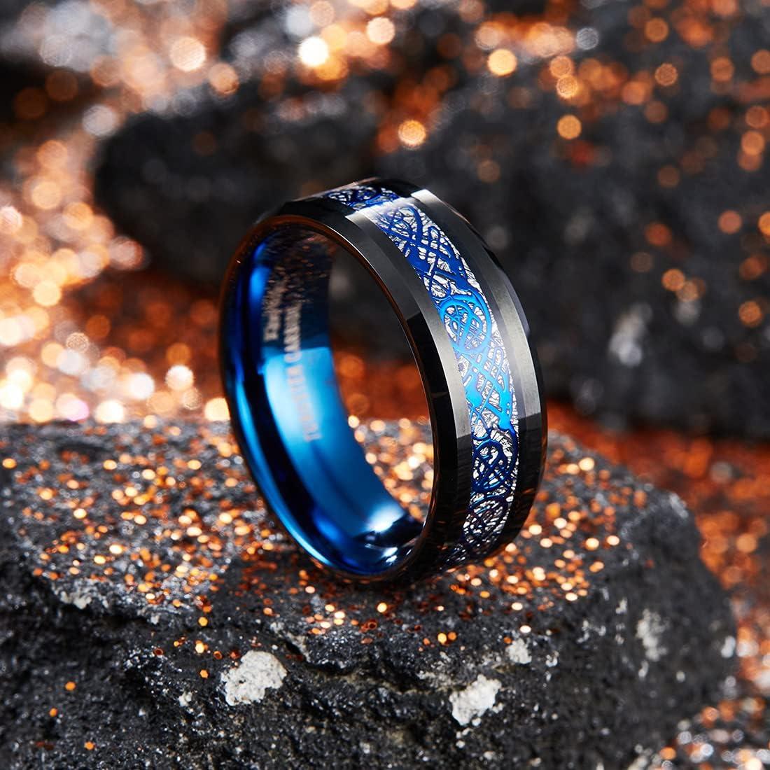imageKing Will Mens Dragon Celtic Tungsten Ring 5678mm Widths Polished Beveled Edge Comfort Fit Carbide Wedding Band Promise Rings Size 416DBlue 8mm