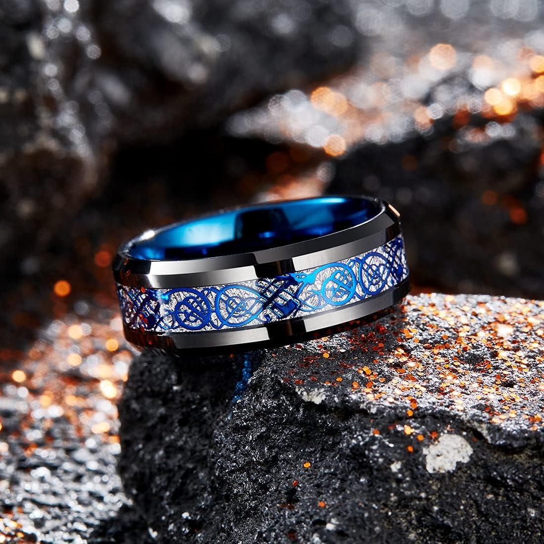 imageKing Will Mens Dragon Celtic Tungsten Ring 5678mm Widths Polished Beveled Edge Comfort Fit Carbide Wedding Band Promise Rings Size 416DBlue 8mm
