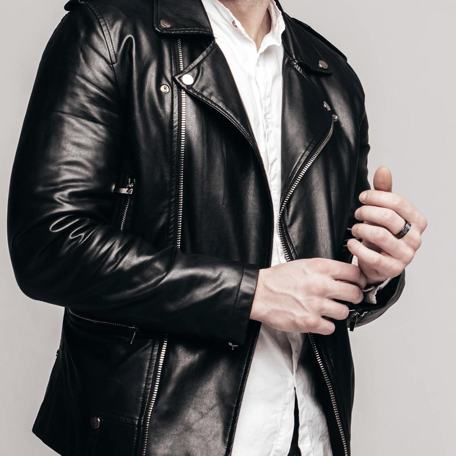 imageKing Will Mens Meteorite Tungsten Wedding Bands 6mm8mm Width BlackSilver Engagement Rings for Couples Beveled Edge Promise Ring for Women Comfort FitBlackShimmer8mm