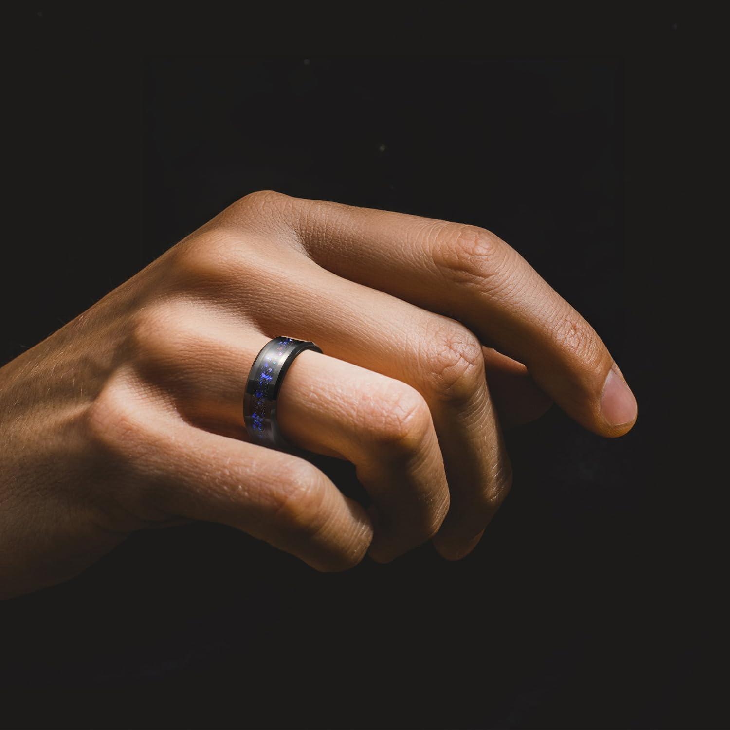 imageKing Will Mens Meteorite Tungsten Wedding Bands 6mm8mm Width BlackSilver Engagement Rings for Couples Beveled Edge Promise Ring for Women Comfort FitBluePurple8mm