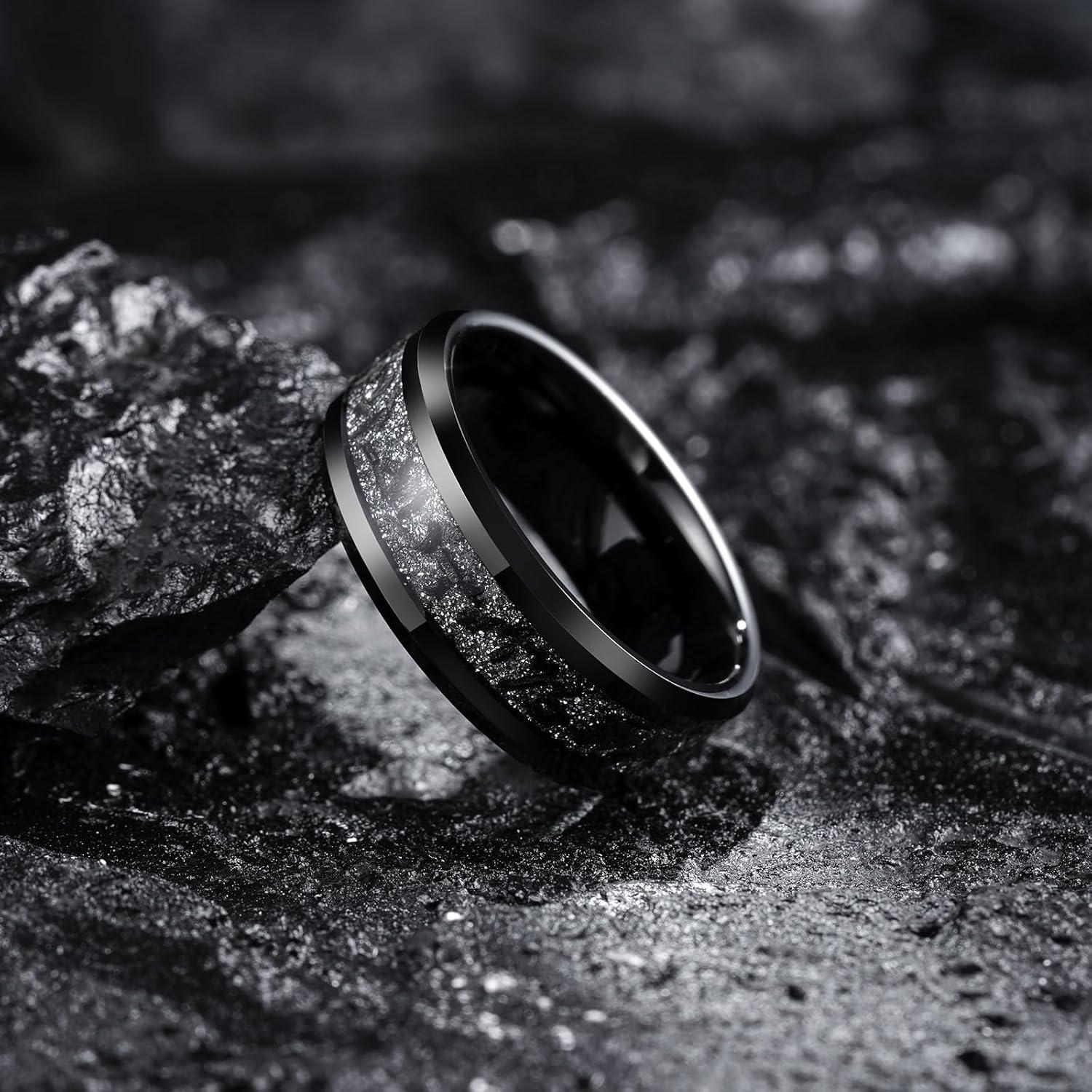 imageKing Will Mens Meteorite Tungsten Wedding Bands 6mm8mm Width BlackSilver Engagement Rings for Couples Beveled Edge Promise Ring for Women Comfort FitBlackShimmer8mm