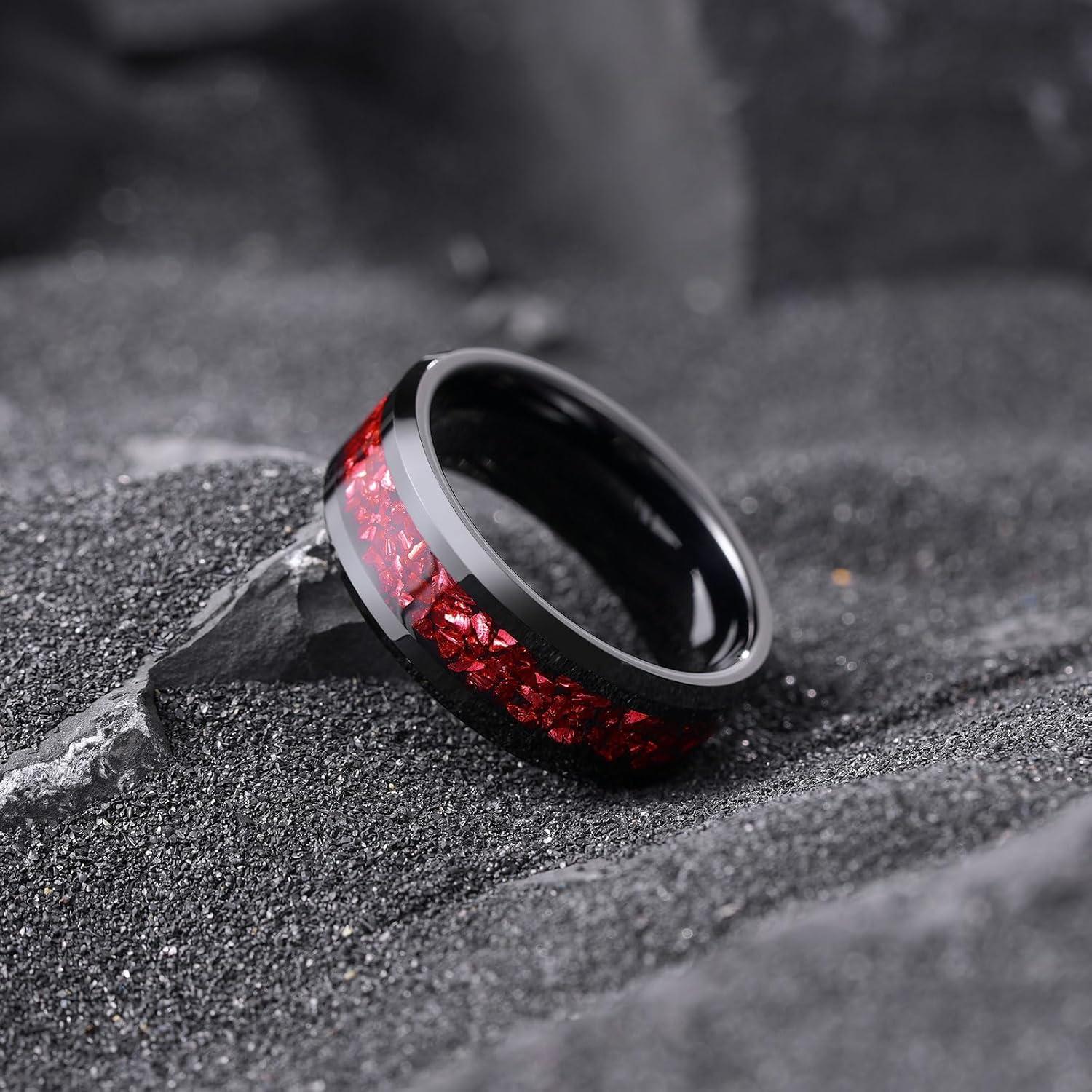 imageKing Will Mens Meteorite Tungsten Wedding Bands 6mm8mm Width BlackSilver Engagement Rings for Couples Beveled Edge Promise Ring for Women Comfort FitBlackRed8mm