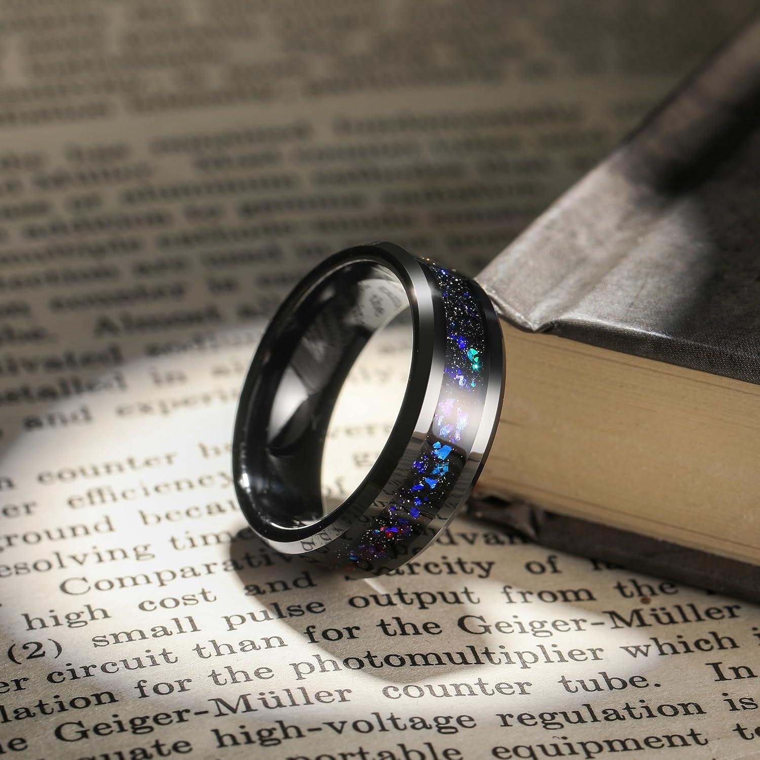 imageKing Will Mens Meteorite Tungsten Wedding Bands 6mm8mm Width BlackSilver Engagement Rings for Couples Beveled Edge Promise Ring for Women Comfort FitBluePurple8mm