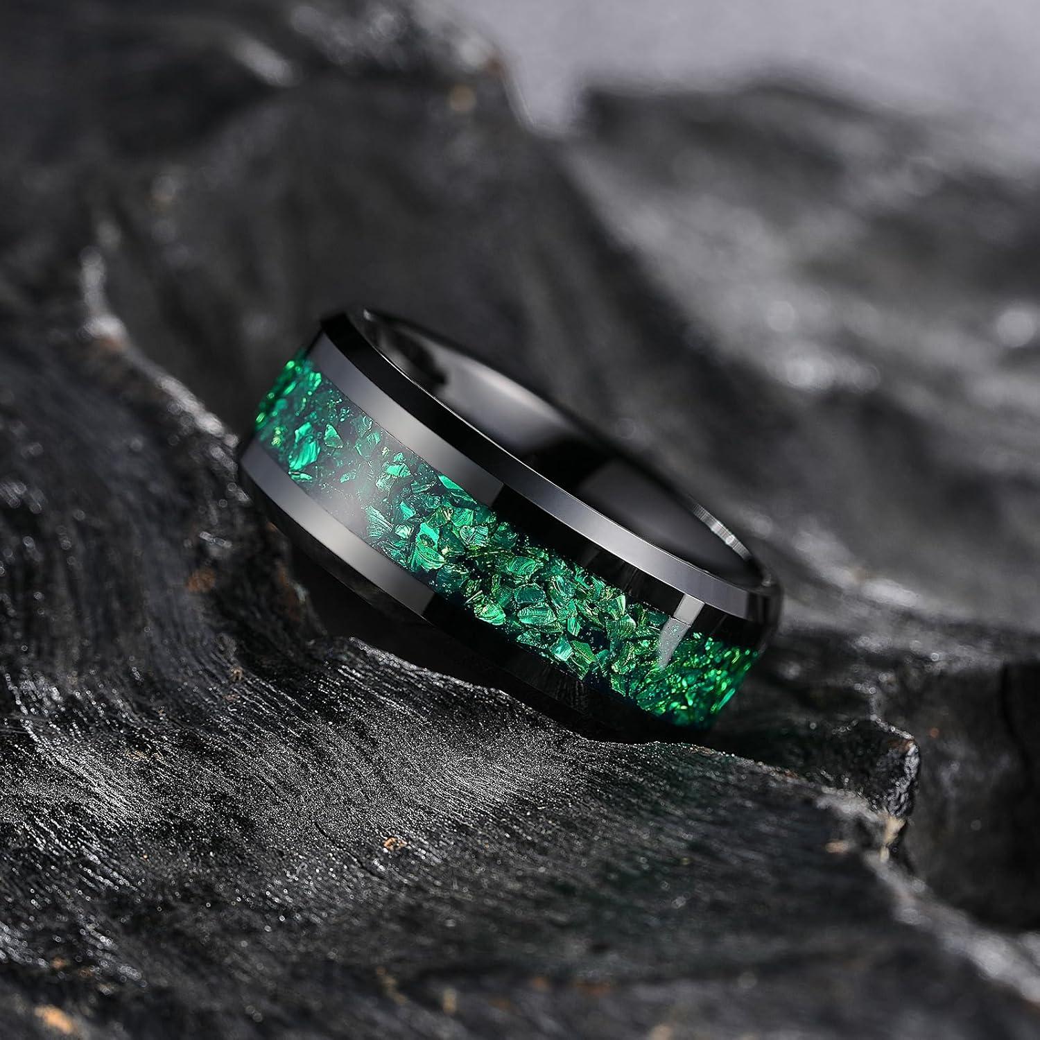imageKing Will Mens Meteorite Tungsten Wedding Bands 6mm8mm Width BlackSilver Engagement Rings for Couples Beveled Edge Promise Ring for Women Comfort FitBlackGreen8mm