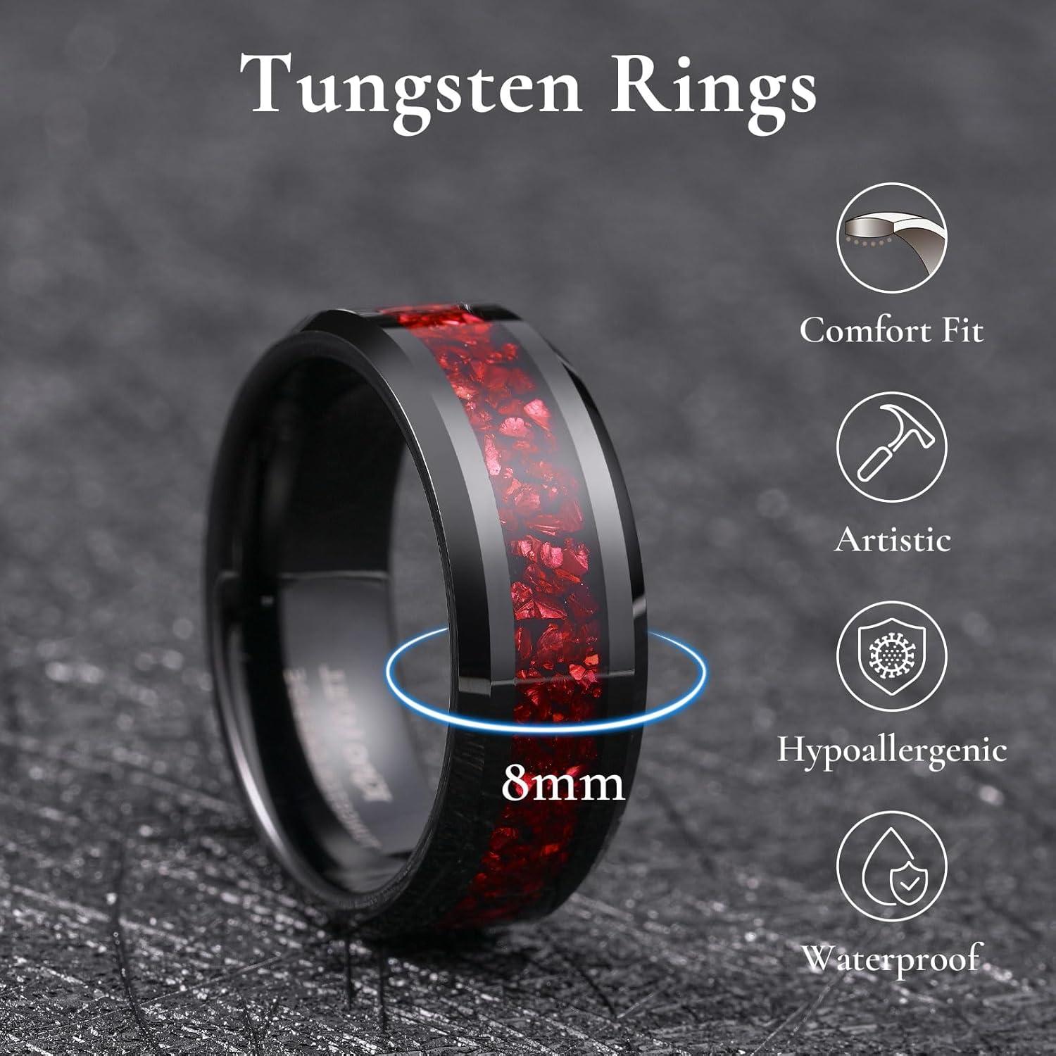 imageKing Will Mens Meteorite Tungsten Wedding Bands 6mm8mm Width BlackSilver Engagement Rings for Couples Beveled Edge Promise Ring for Women Comfort FitBlackRed8mm