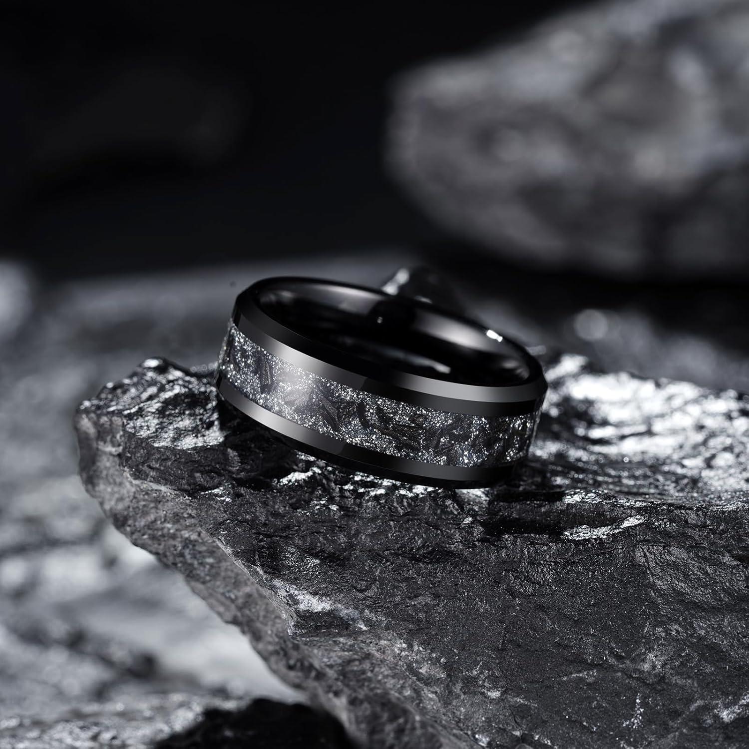 imageKing Will Mens Meteorite Tungsten Wedding Bands 6mm8mm Width BlackSilver Engagement Rings for Couples Beveled Edge Promise Ring for Women Comfort FitBlackShimmer8mm
