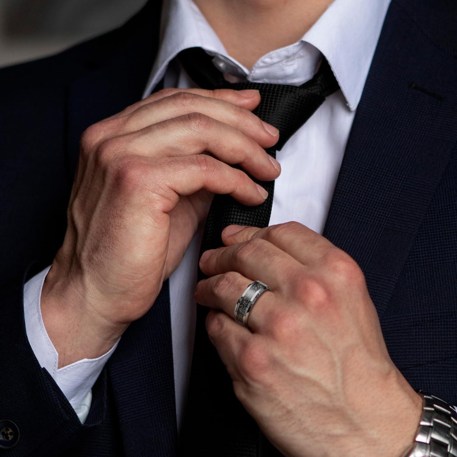 imageKing Will Mens Meteorite Tungsten Wedding Bands 6mm8mm Width BlackSilver Engagement Rings for Couples Beveled Edge Promise Ring for Women Comfort FitSilver8mm