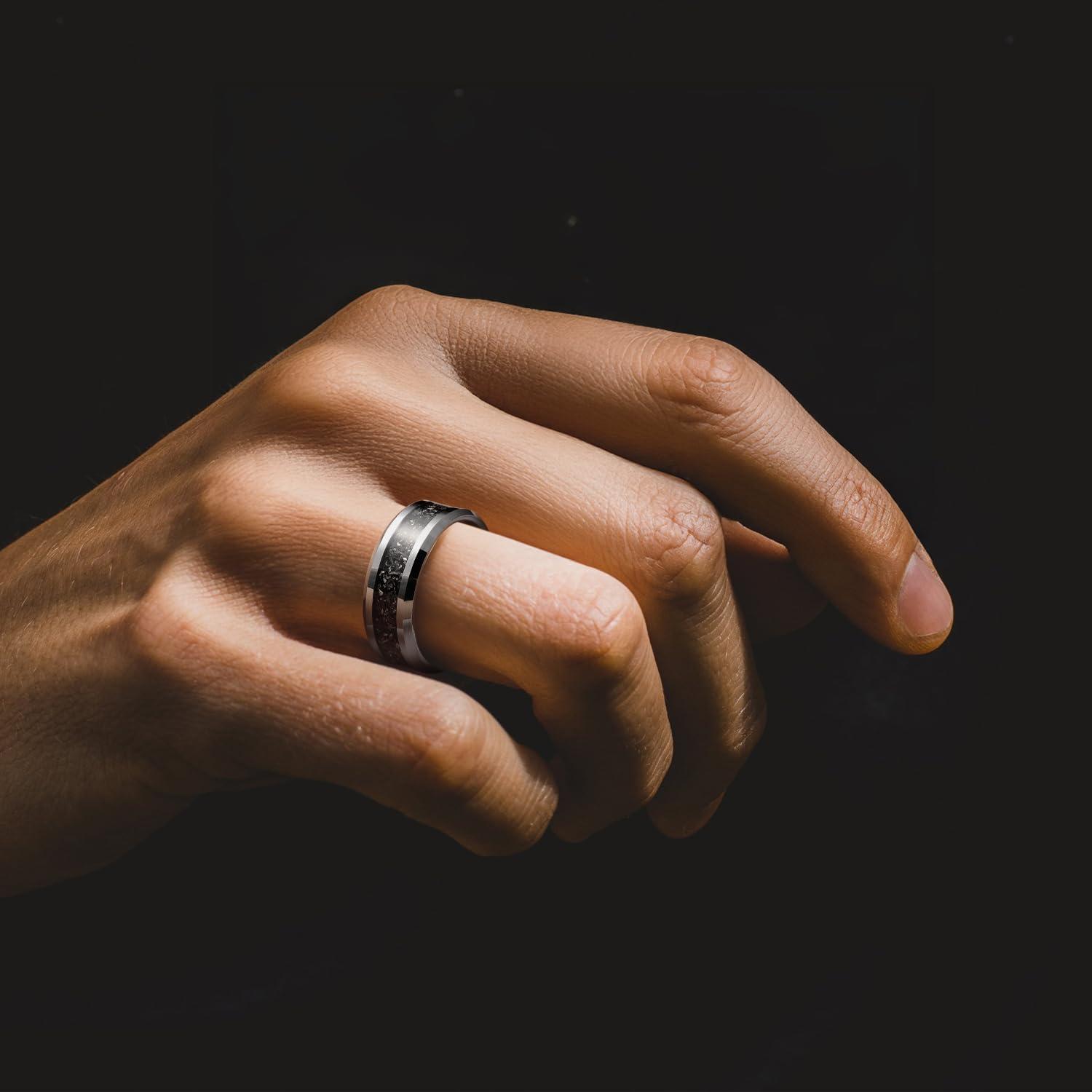 imageKing Will Mens Meteorite Tungsten Wedding Bands 6mm8mm Width BlackSilver Engagement Rings for Couples Beveled Edge Promise Ring for Women Comfort FitSilver8mm