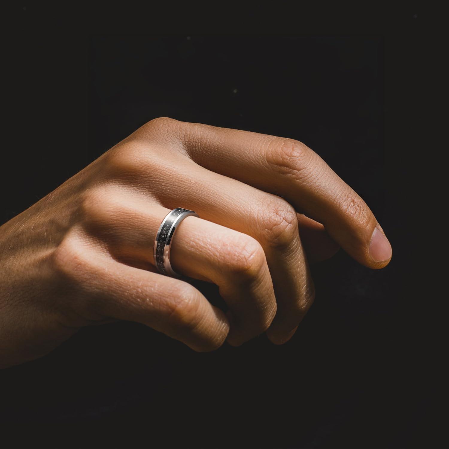 imageKing Will Mens Meteorite Tungsten Wedding Bands 6mm8mm Width BlackSilver Engagement Rings for Couples Beveled Edge Promise Ring for Women Comfort FitSilver6mm