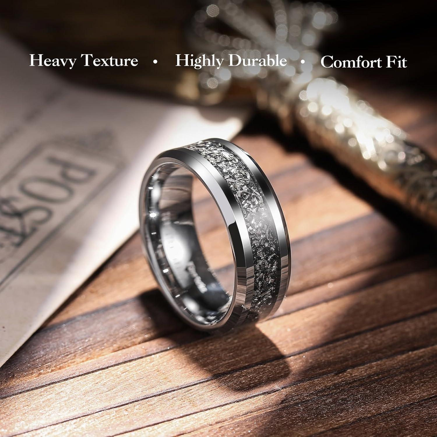 imageKing Will Mens Meteorite Tungsten Wedding Bands 6mm8mm Width BlackSilver Engagement Rings for Couples Beveled Edge Promise Ring for Women Comfort FitSilver6mm