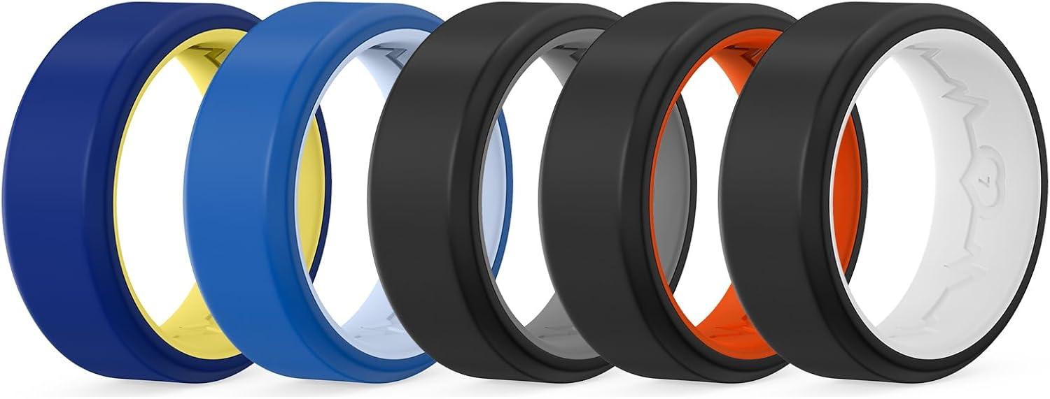 imageKing Will Mens Silicone Wedding Bands 8mm Comfort Fit with Unique Inner Groove Design Rubber Engagement Rings for Daily Wear and Activities 14 Variety MultipackDeep BlueYellow BlueLight Blue BlackGray BlackOrange BlackWhite