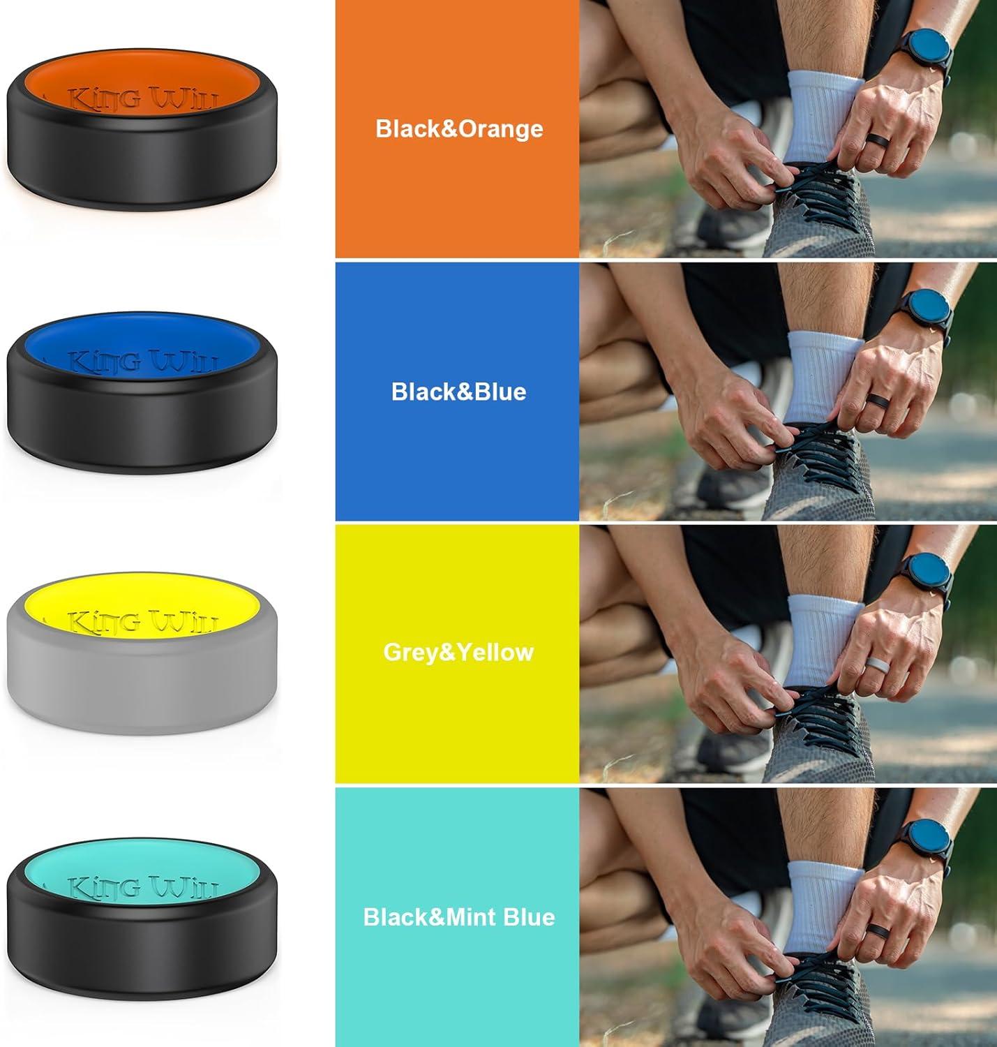 imageKing Will Mens Silicone Wedding Bands 8mm Comfort Fit with Unique Inner Groove Design Rubber Engagement Rings for Daily Wear and Activities 14 Variety MultipackBlackBlue BlackOrange BlackMint Blue GreyYellow