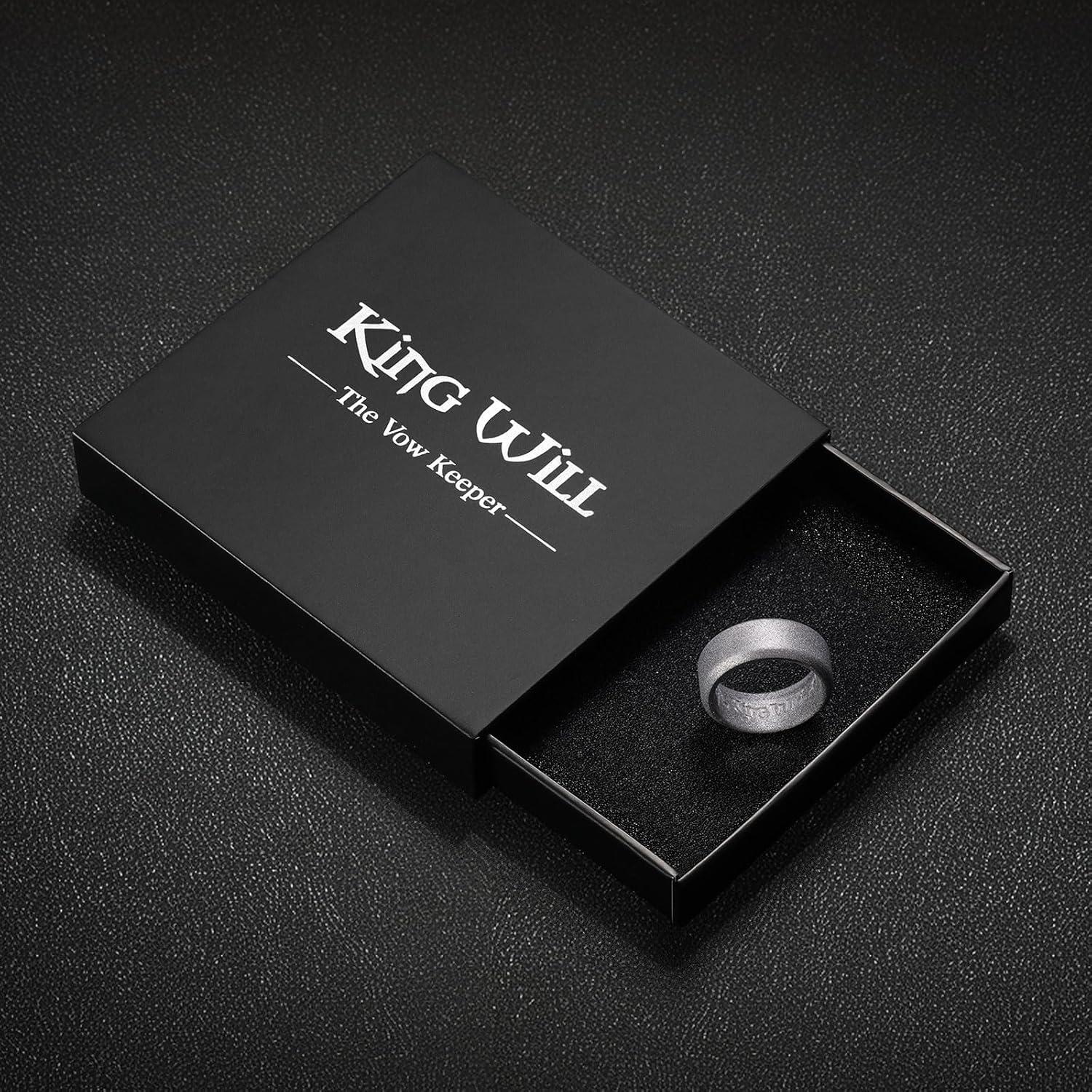 imageKing Will Mens Silicone Wedding Bands 8mm Comfort Fit with Unique Inner Groove Design Rubber Engagement Rings for Daily Wear and Activities 14 Variety MultipackMetallic Steel