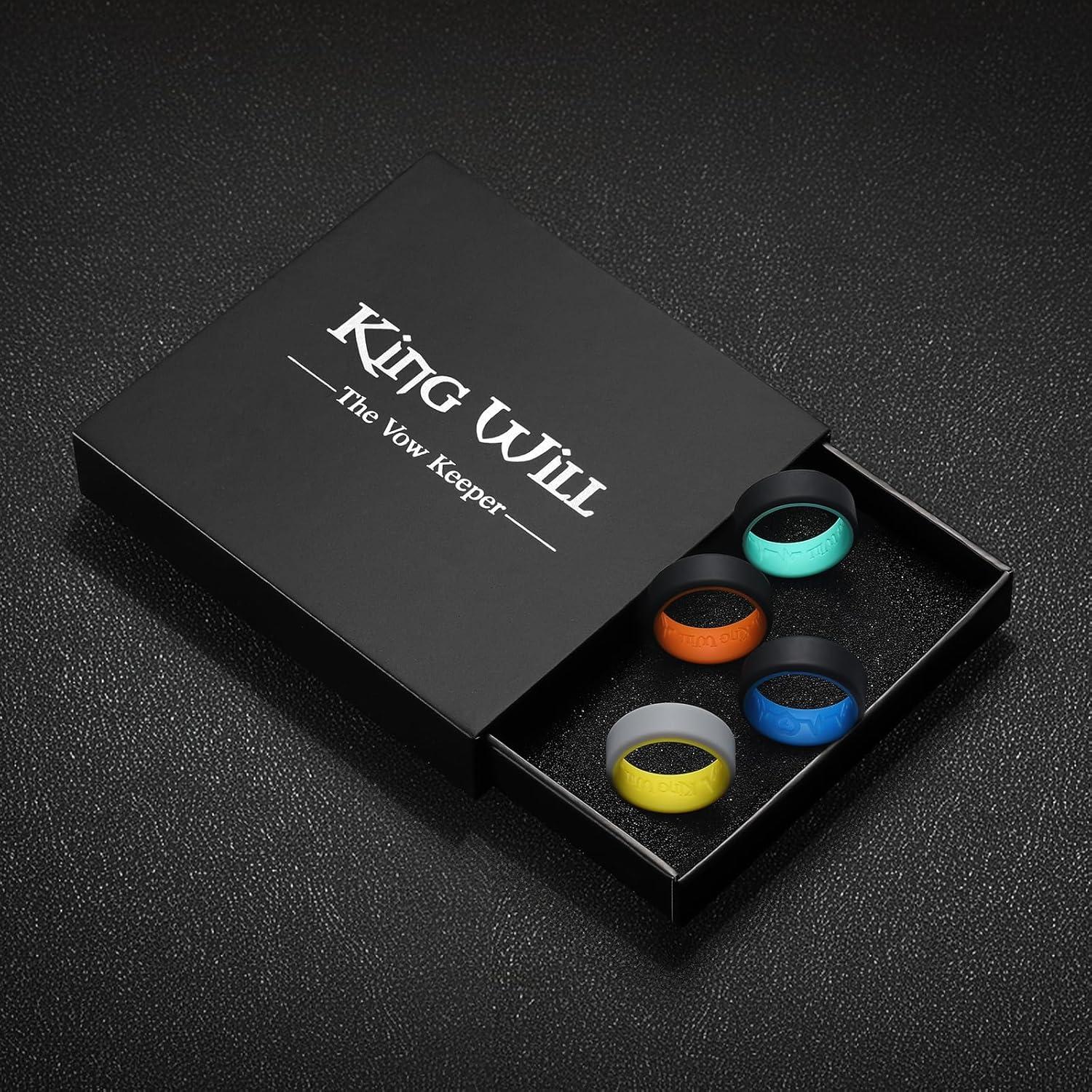 imageKing Will Mens Silicone Wedding Bands 8mm Comfort Fit with Unique Inner Groove Design Rubber Engagement Rings for Daily Wear and Activities 14 Variety MultipackBlackBlue BlackOrange BlackMint Blue GreyYellow