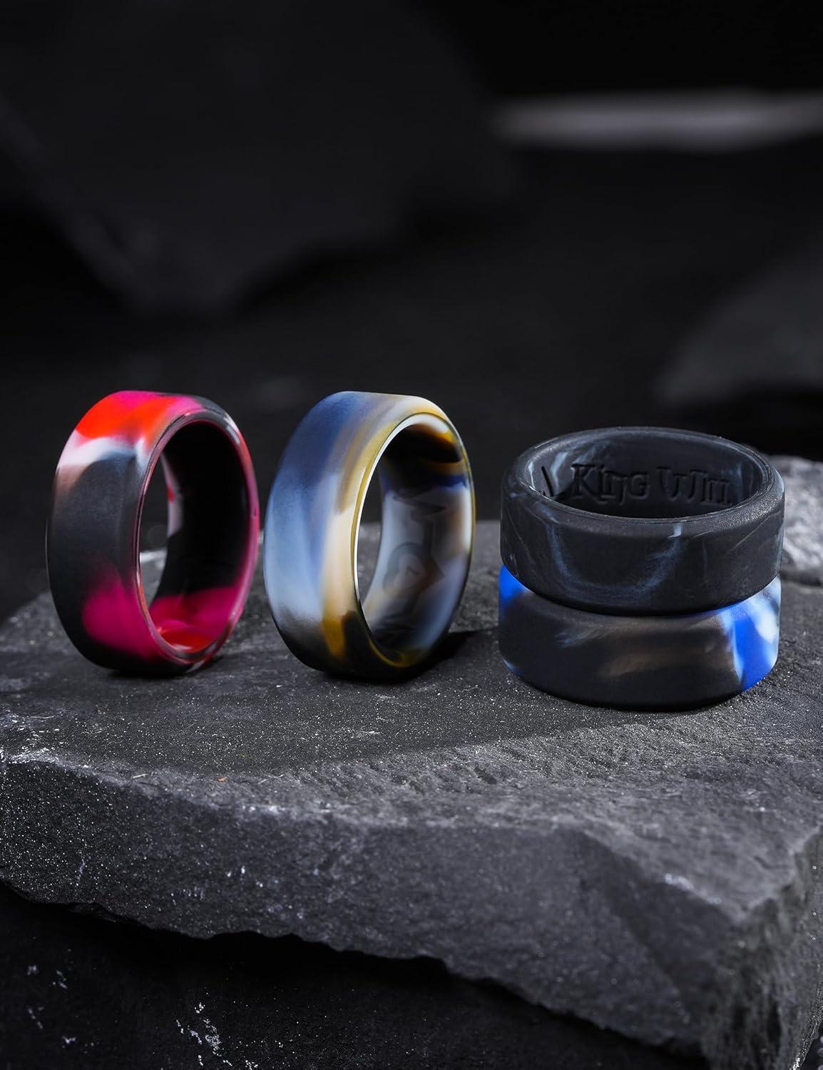 imageKing Will Mens Silicone Wedding Bands 8mm Comfort Fit with Unique Inner Groove Design Rubber Engagement Rings for Daily Wear and Activities 14 Variety MultipackPack Camo A