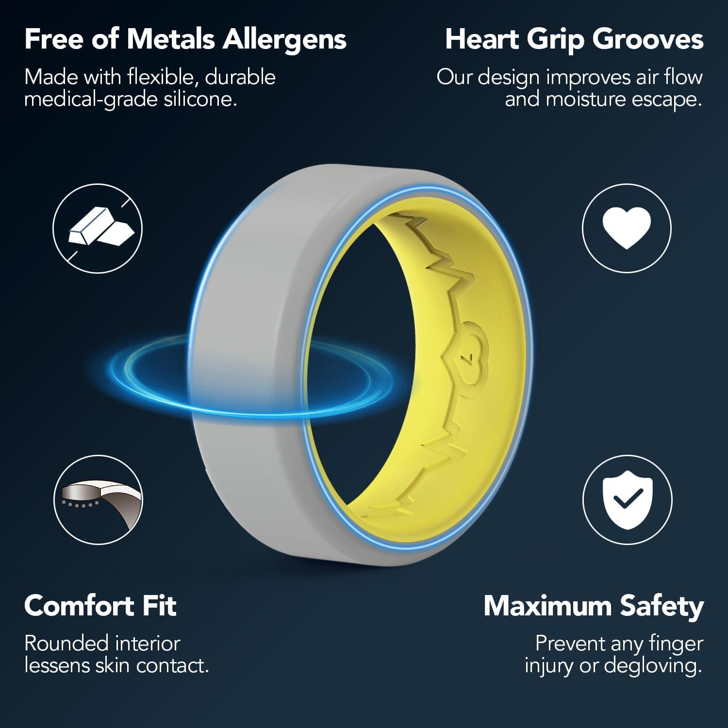 imageKing Will Mens Silicone Wedding Bands 8mm Comfort Fit with Unique Inner Groove Design Rubber Engagement Rings for Daily Wear and Activities 14 Variety MultipackGreyYellow