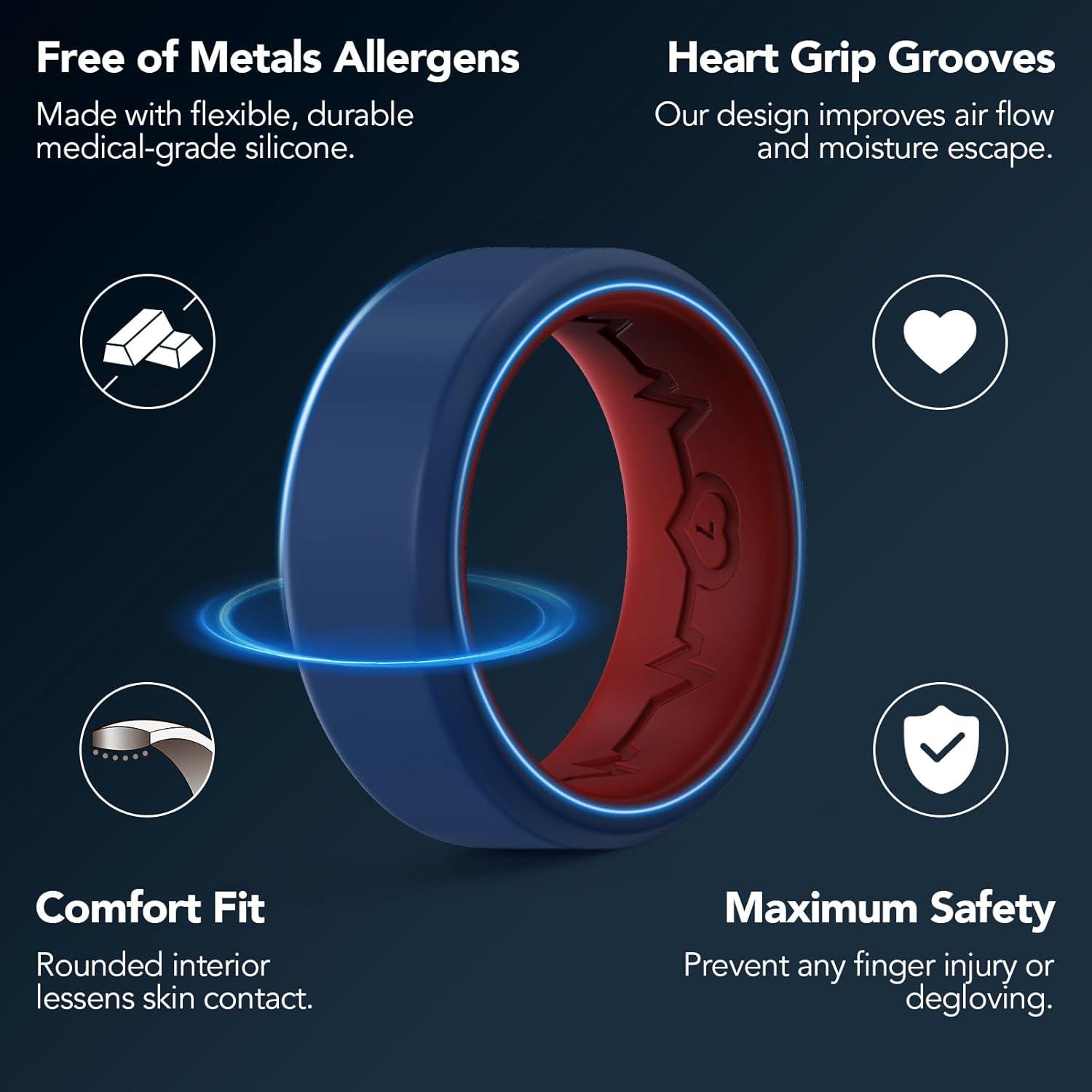 imageKing Will Mens Silicone Wedding Bands 8mm Comfort Fit with Unique Inner Groove Design Rubber Engagement Rings for Daily Wear and Activities 14 Variety MultipackBlueRed