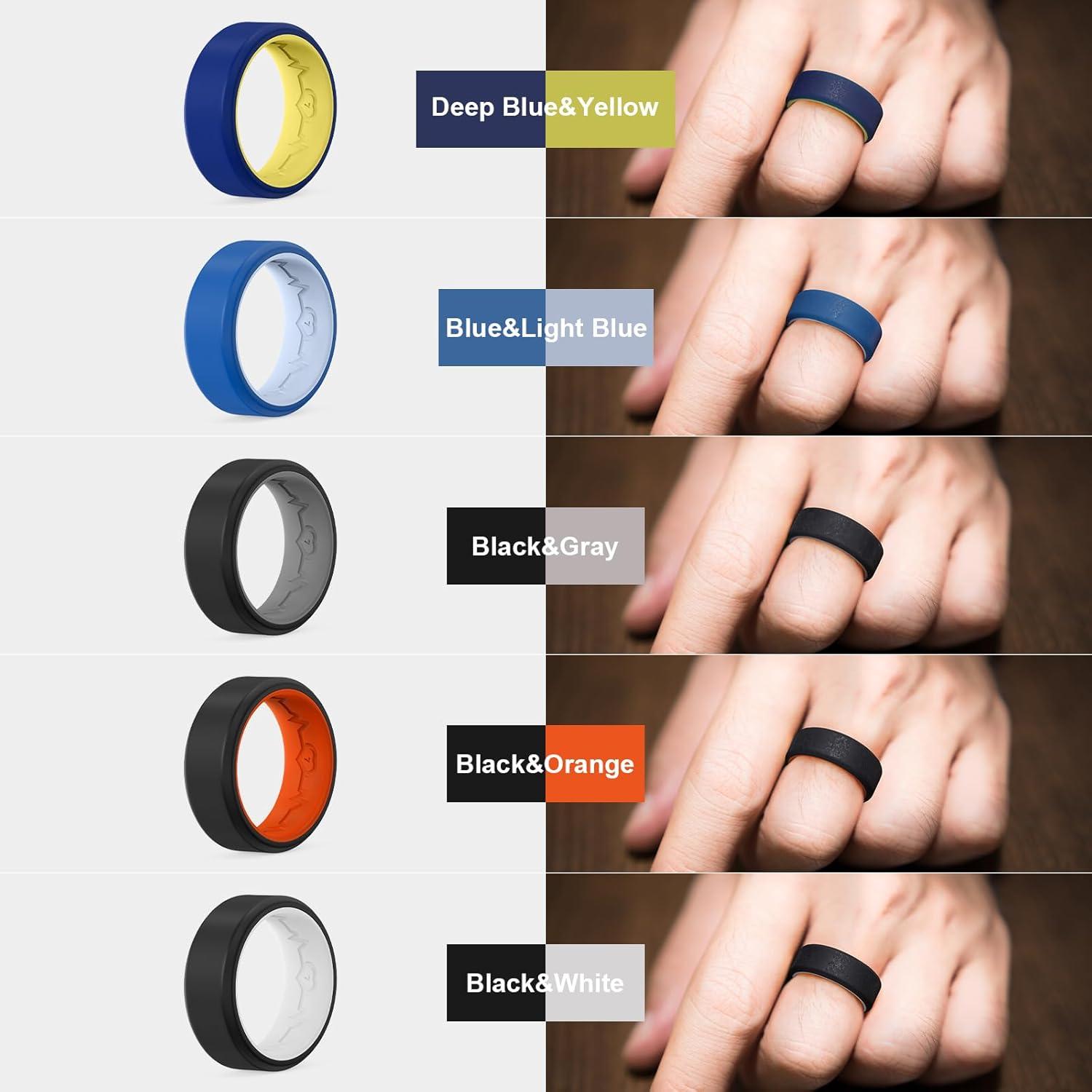 imageKing Will Mens Silicone Wedding Bands 8mm Comfort Fit with Unique Inner Groove Design Rubber Engagement Rings for Daily Wear and Activities 14 Variety MultipackDeep BlueYellow BlueLight Blue BlackGray BlackOrange BlackWhite