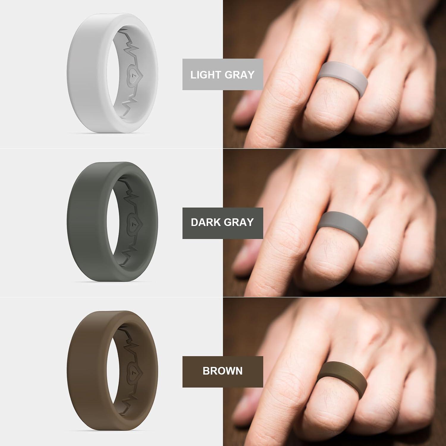 imageKing Will Mens Silicone Wedding Bands 8mm Comfort Fit with Unique Inner Groove Design Rubber Engagement Rings for Daily Wear and Activities 14 Variety MultipackLight Gray Dark Gray Blue Green Red Brown