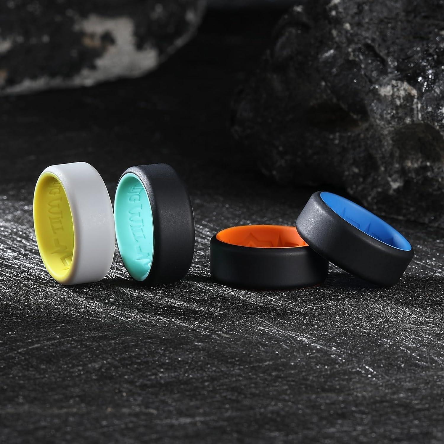 imageKing Will Mens Silicone Wedding Bands 8mm Comfort Fit with Unique Inner Groove Design Rubber Engagement Rings for Daily Wear and Activities 14 Variety MultipackBlackBlue BlackOrange BlackMint Blue GreyYellow