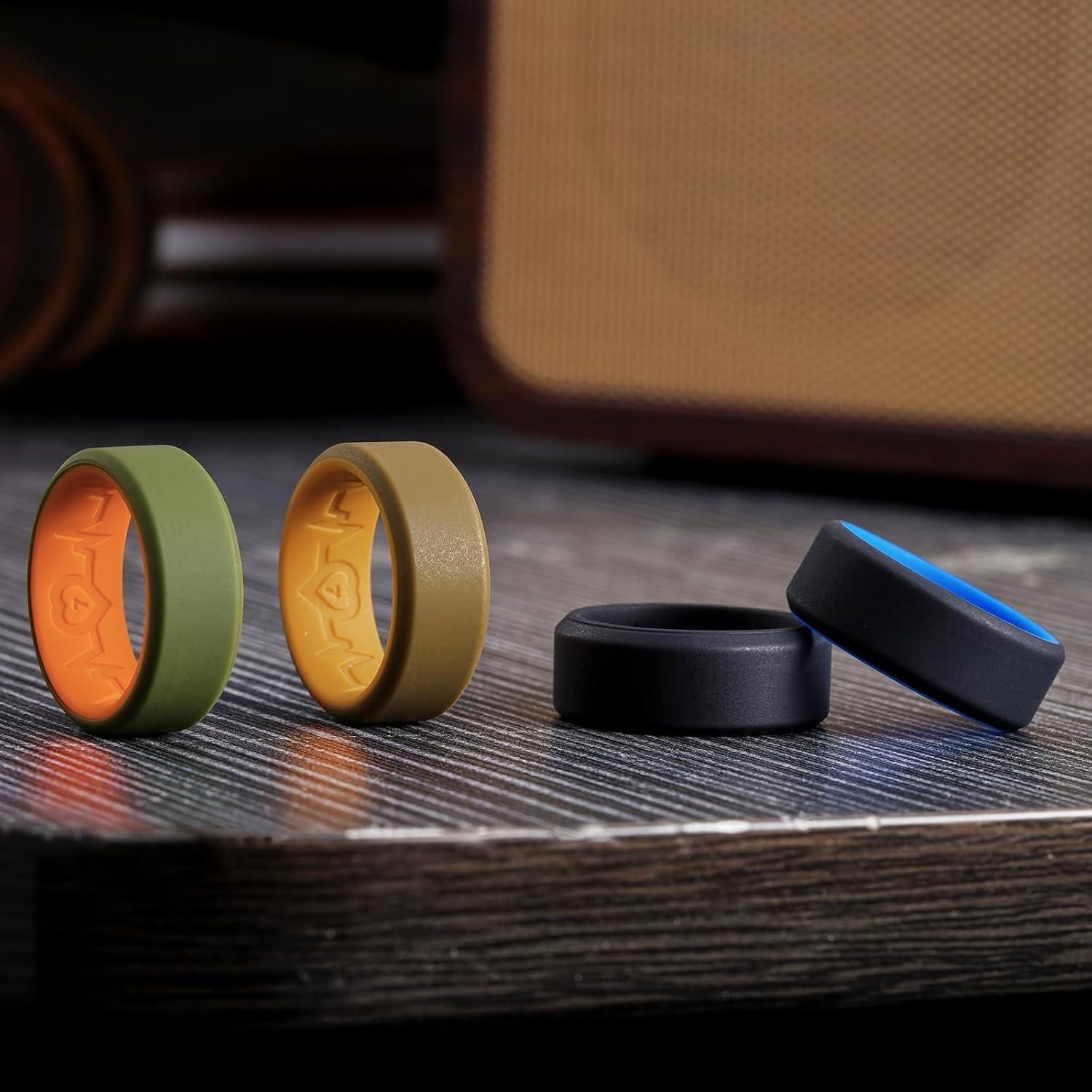 imageKing Will Mens Silicone Wedding Bands 8mm Comfort Fit with Unique Inner Groove Design Rubber Engagement Rings for Daily Wear and Activities 14 Variety MultipackBlackBlack BlackBlue BrownCoffee GreenOrange