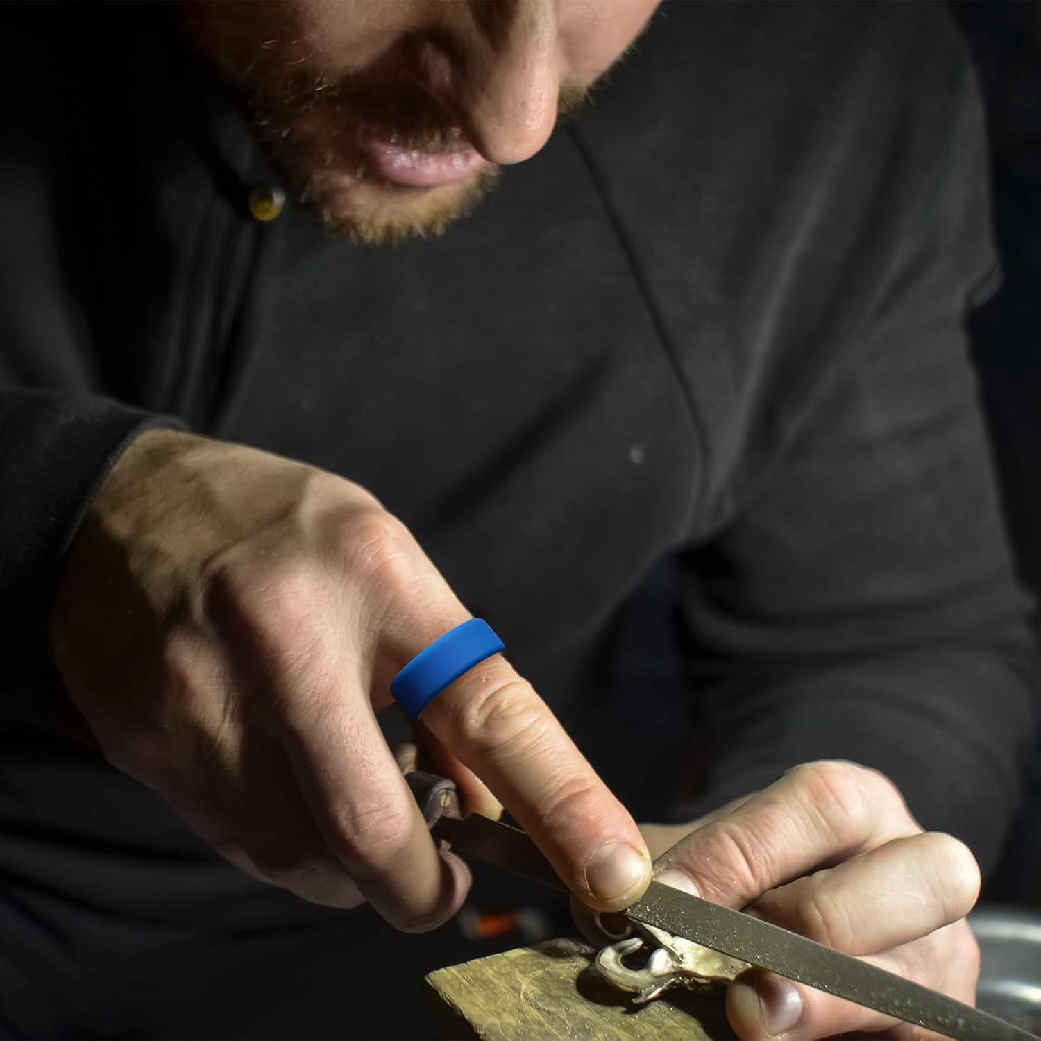 imageKing Will Mens Silicone Wedding Bands 8mm Comfort Fit with Unique Inner Groove Design Rubber Engagement Rings for Daily Wear and Activities 14 Variety MultipackDeep BlueYellow BlueLight Blue BlackGray BlackOrange BlackWhite