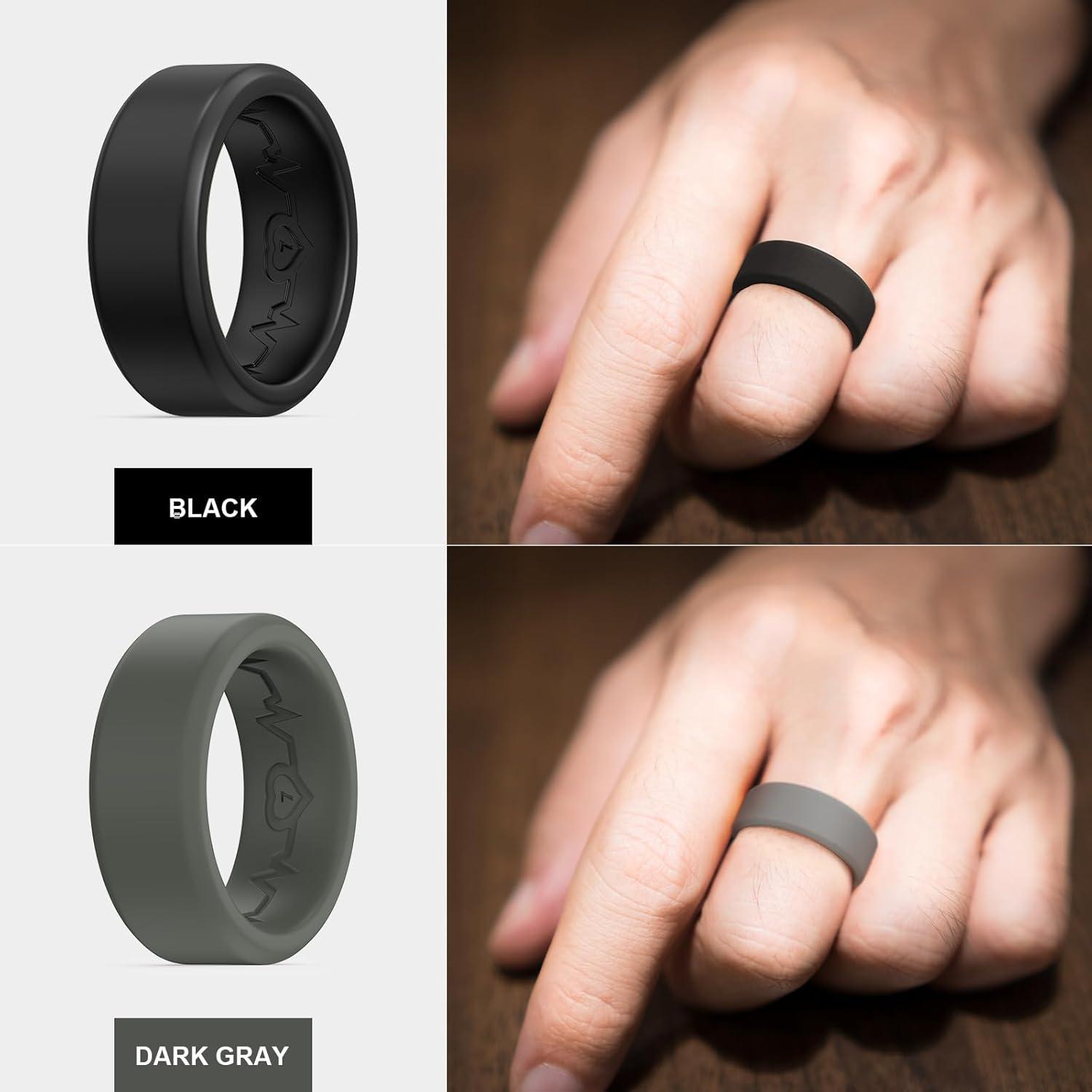 imageKing Will Mens Silicone Wedding Bands 8mm Comfort Fit with Unique Inner Groove Design Rubber Engagement Rings for Daily Wear and Activities 14 Variety MultipackBlack Dark Gray Green Brown