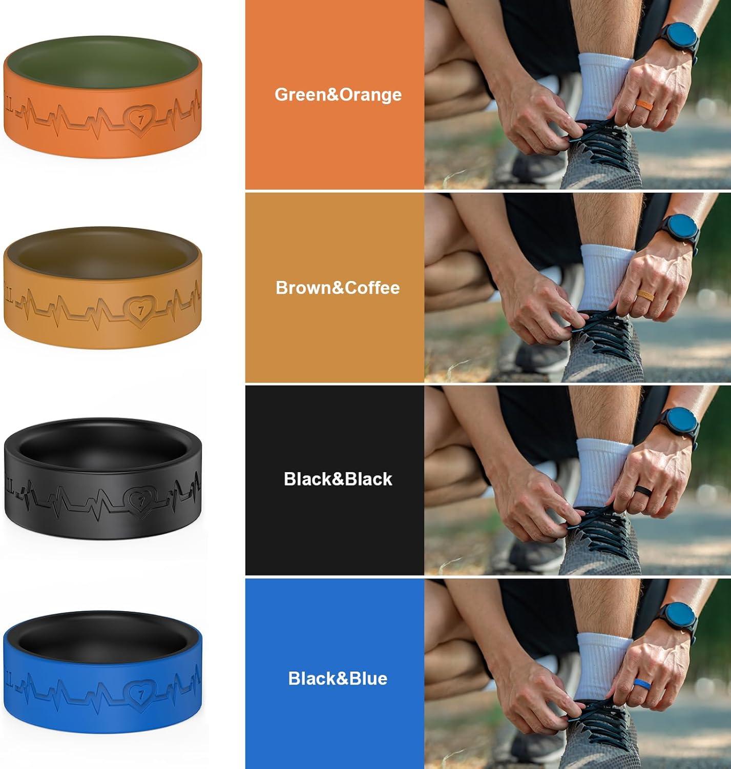 imageKing Will Mens Silicone Wedding Bands 8mm Comfort Fit with Unique Inner Groove Design Rubber Engagement Rings for Daily Wear and Activities 14 Variety MultipackBlackBlack BlackBlue BrownCoffee GreenOrange