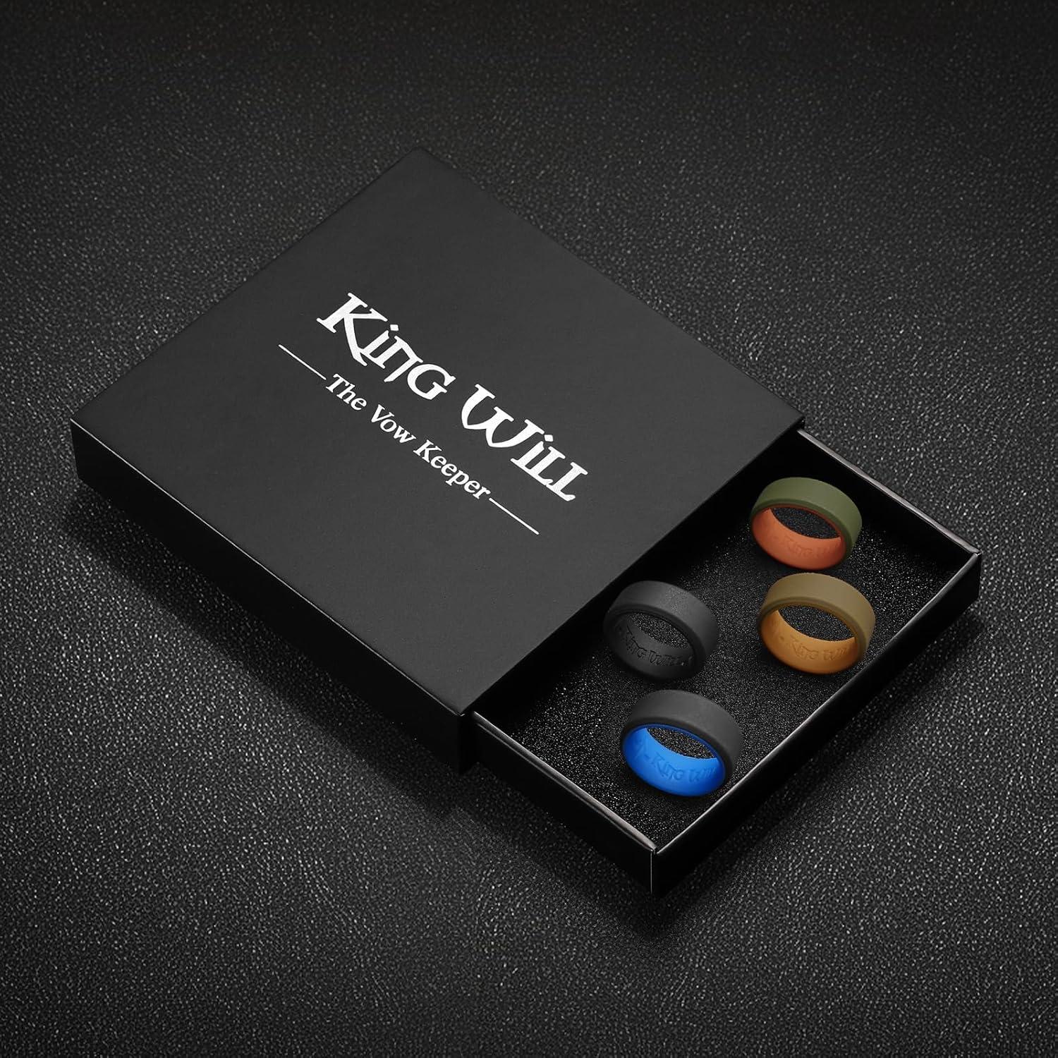 imageKing Will Mens Silicone Wedding Bands 8mm Comfort Fit with Unique Inner Groove Design Rubber Engagement Rings for Daily Wear and Activities 14 Variety MultipackBlackBlack BlackBlue BrownCoffee GreenOrange