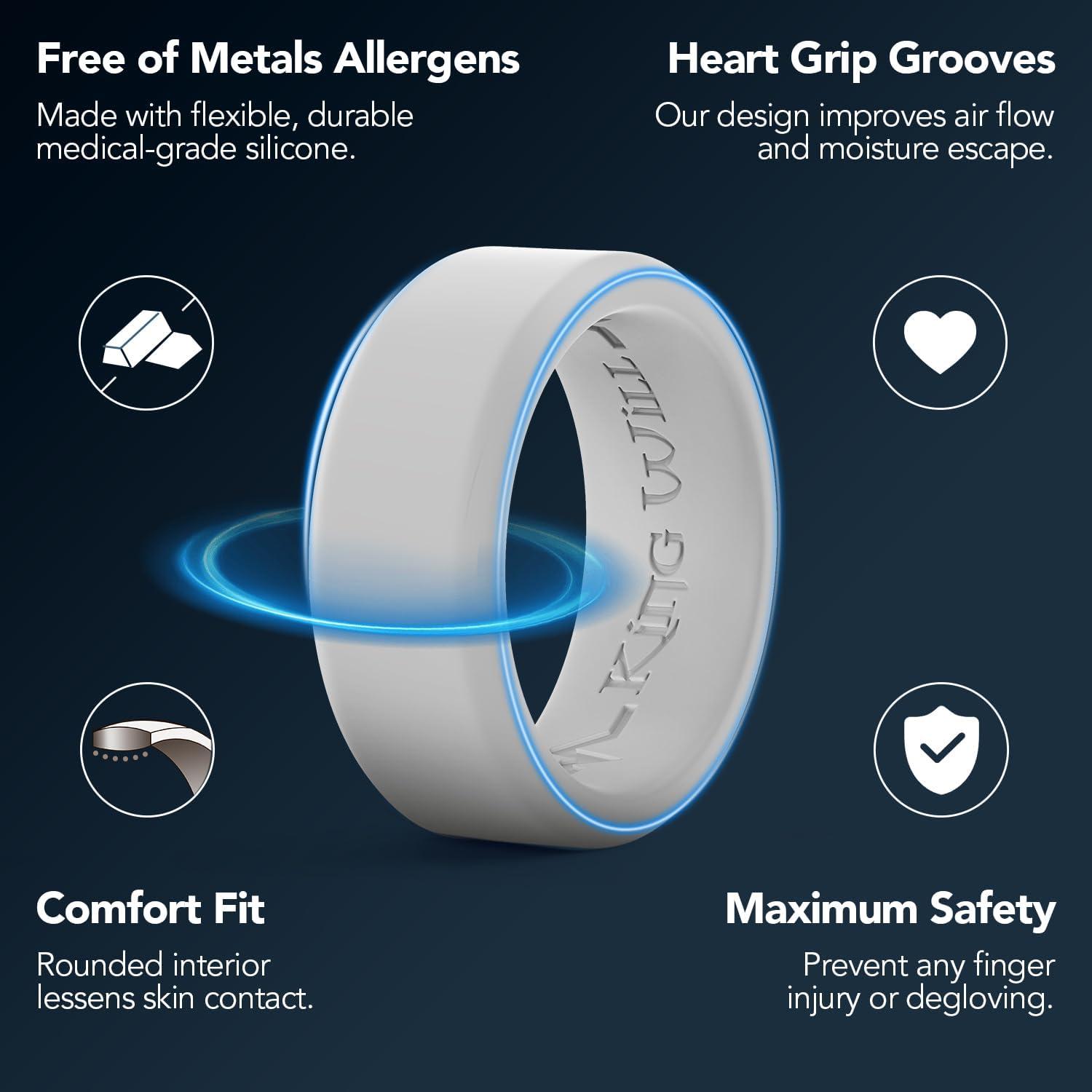 imageKing Will Mens Silicone Wedding Bands 8mm Comfort Fit with Unique Inner Groove Design Rubber Engagement Rings for Daily Wear and Activities 14 Variety MultipackLight Gray Dark Gray Blue Green Red Brown