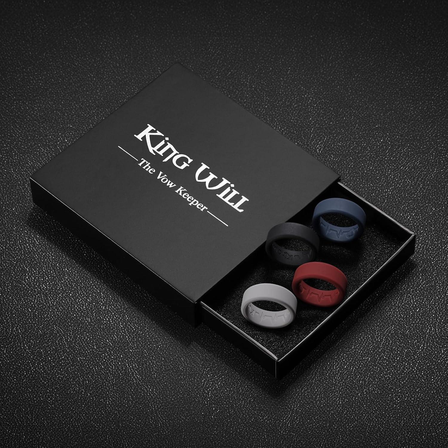 imageKing Will Mens Silicone Wedding Bands 8mm Comfort Fit with Unique Inner Groove Design Rubber Engagement Rings for Daily Wear and Activities 14 Variety MultipackBlack Light Gray Red Blue