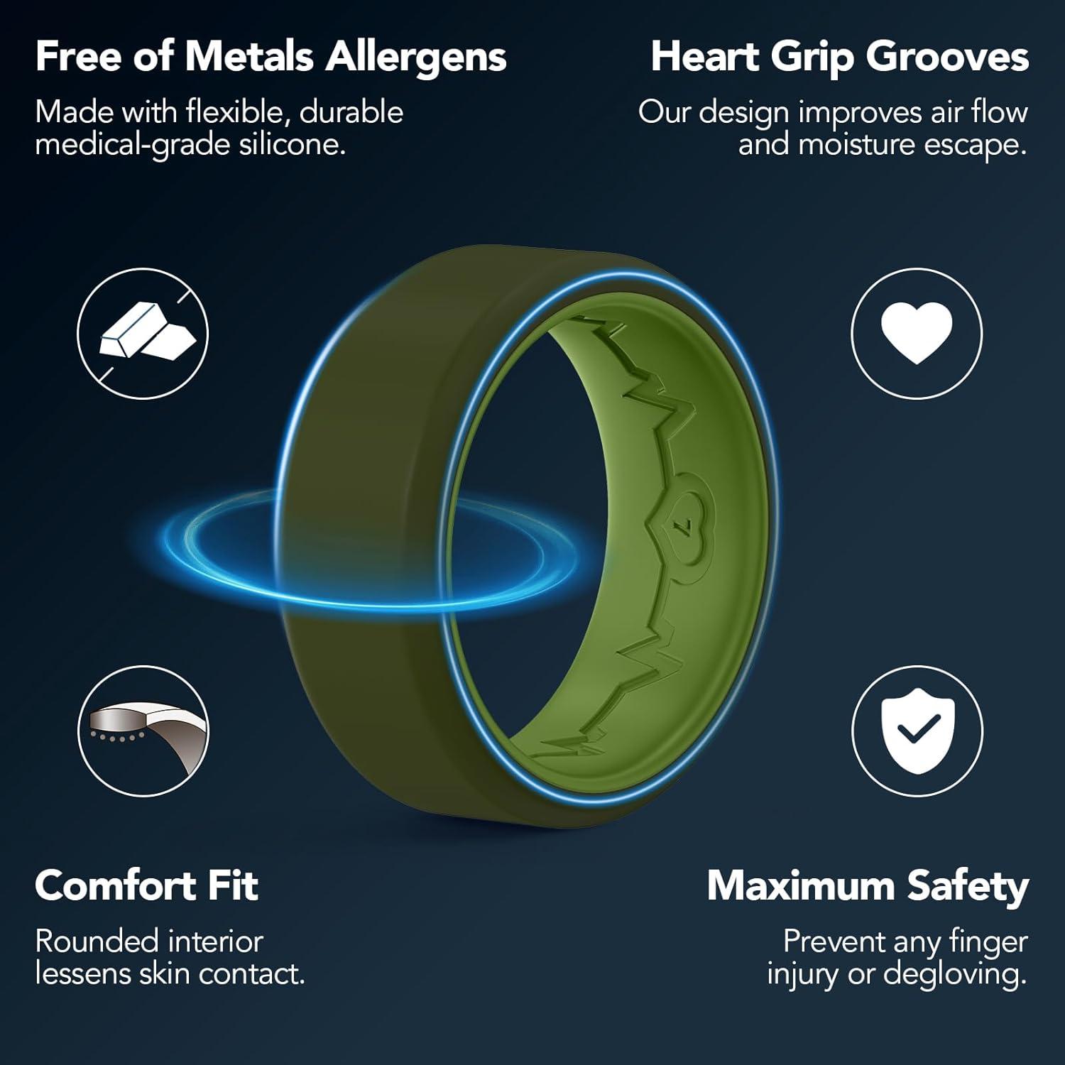 imageKing Will Mens Silicone Wedding Bands 8mm Comfort Fit with Unique Inner Groove Design Rubber Engagement Rings for Daily Wear and Activities 14 Variety MultipackTwoTone Dark Green