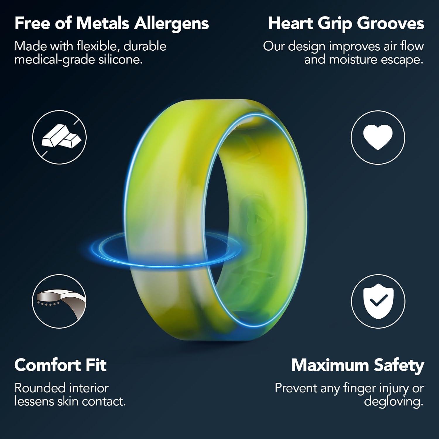 imageKing Will Mens Silicone Wedding Bands 8mm Comfort Fit with Unique Inner Groove Design Rubber Engagement Rings for Daily Wear and Activities 14 Variety MultipackGreen Camo