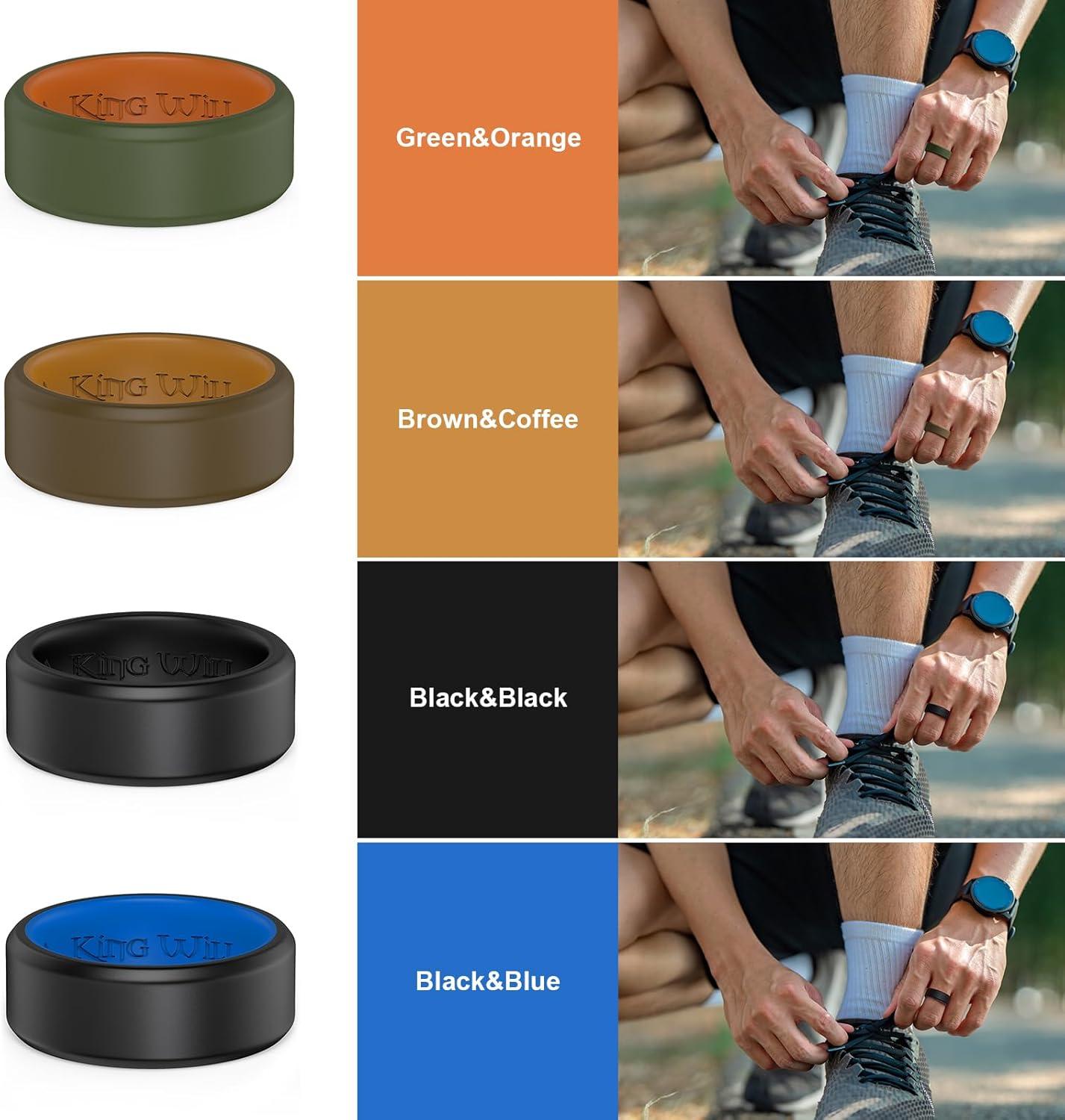 imageKing Will Mens Silicone Wedding Bands 8mm Comfort Fit with Unique Inner Groove Design Rubber Engagement Rings for Daily Wear and Activities 14 Variety MultipackBlackBlack BlackBlue BrownCoffee GreenOrange
