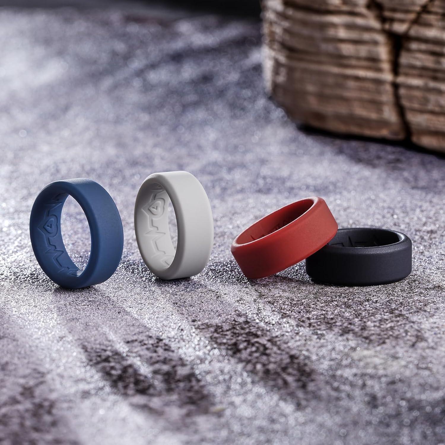 imageKing Will Mens Silicone Wedding Bands 8mm Comfort Fit with Unique Inner Groove Design Rubber Engagement Rings for Daily Wear and Activities 14 Variety MultipackBlack Light Gray Red Blue