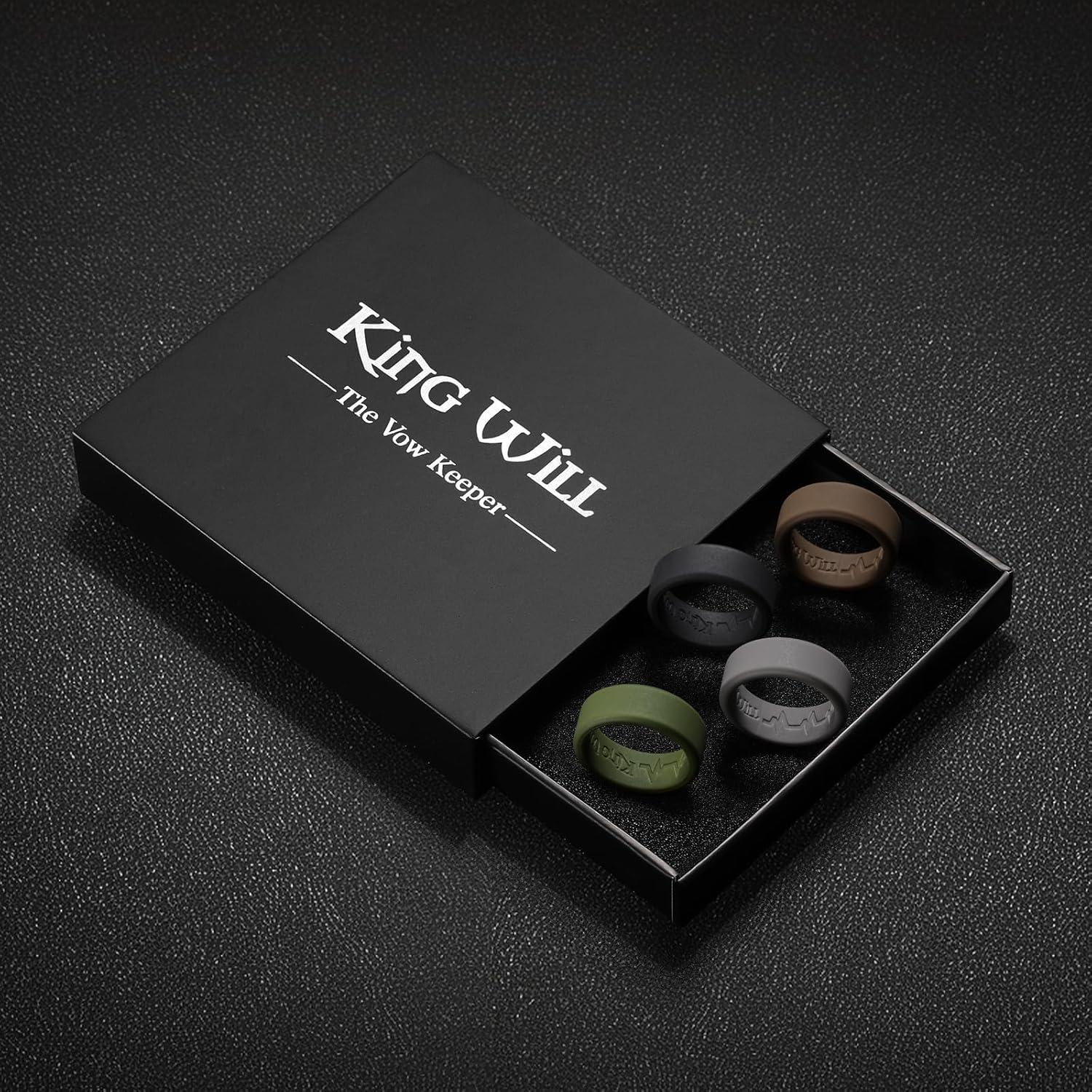 imageKing Will Mens Silicone Wedding Bands 8mm Comfort Fit with Unique Inner Groove Design Rubber Engagement Rings for Daily Wear and Activities 14 Variety MultipackBlack Dark Gray Green Brown