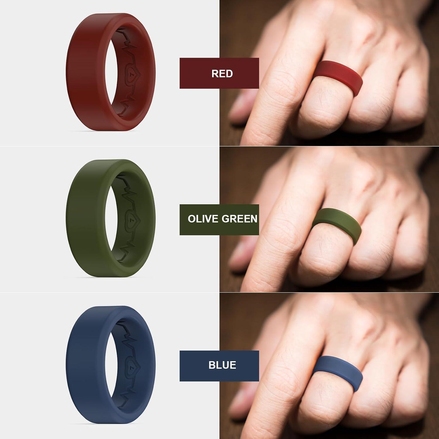 imageKing Will Mens Silicone Wedding Bands 8mm Comfort Fit with Unique Inner Groove Design Rubber Engagement Rings for Daily Wear and Activities 14 Variety MultipackLight Gray Dark Gray Blue Green Red Brown