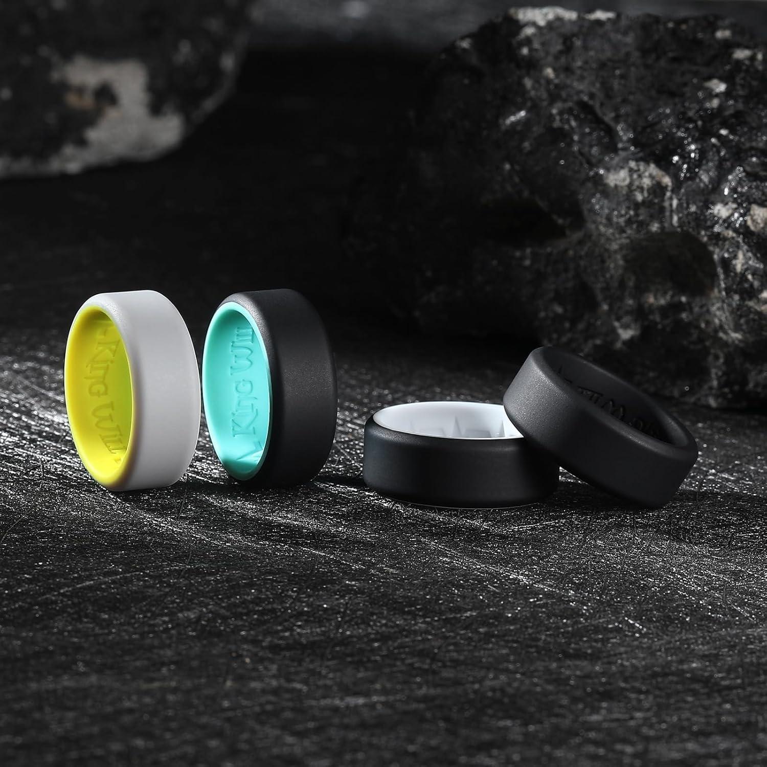 imageKing Will Mens Silicone Wedding Bands 8mm Comfort Fit with Unique Inner Groove Design Rubber Engagement Rings for Daily Wear and Activities 14 Variety MultipackGreyYellow BlackMint Blue BlackWhite BlackBlack
