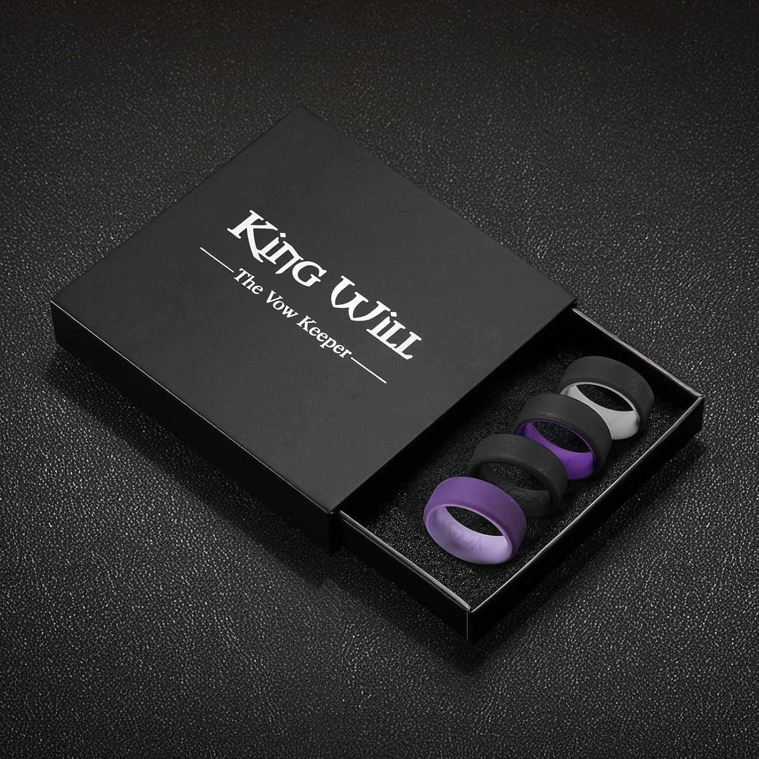 imageKing Will Mens Silicone Wedding Bands 8mm Comfort Fit with Unique Inner Groove Design Rubber Engagement Rings for Daily Wear and Activities 14 Variety MultipackPack 4F