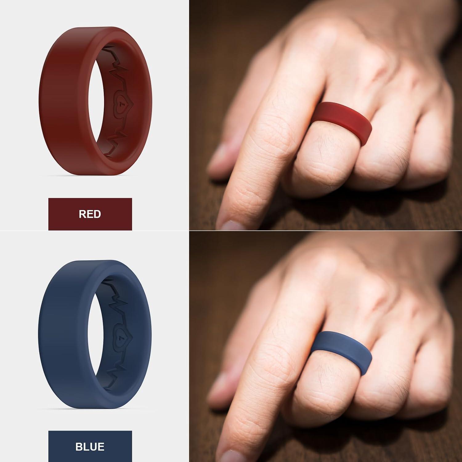 imageKing Will Mens Silicone Wedding Bands 8mm Comfort Fit with Unique Inner Groove Design Rubber Engagement Rings for Daily Wear and Activities 14 Variety MultipackBlack Light Gray Red Blue