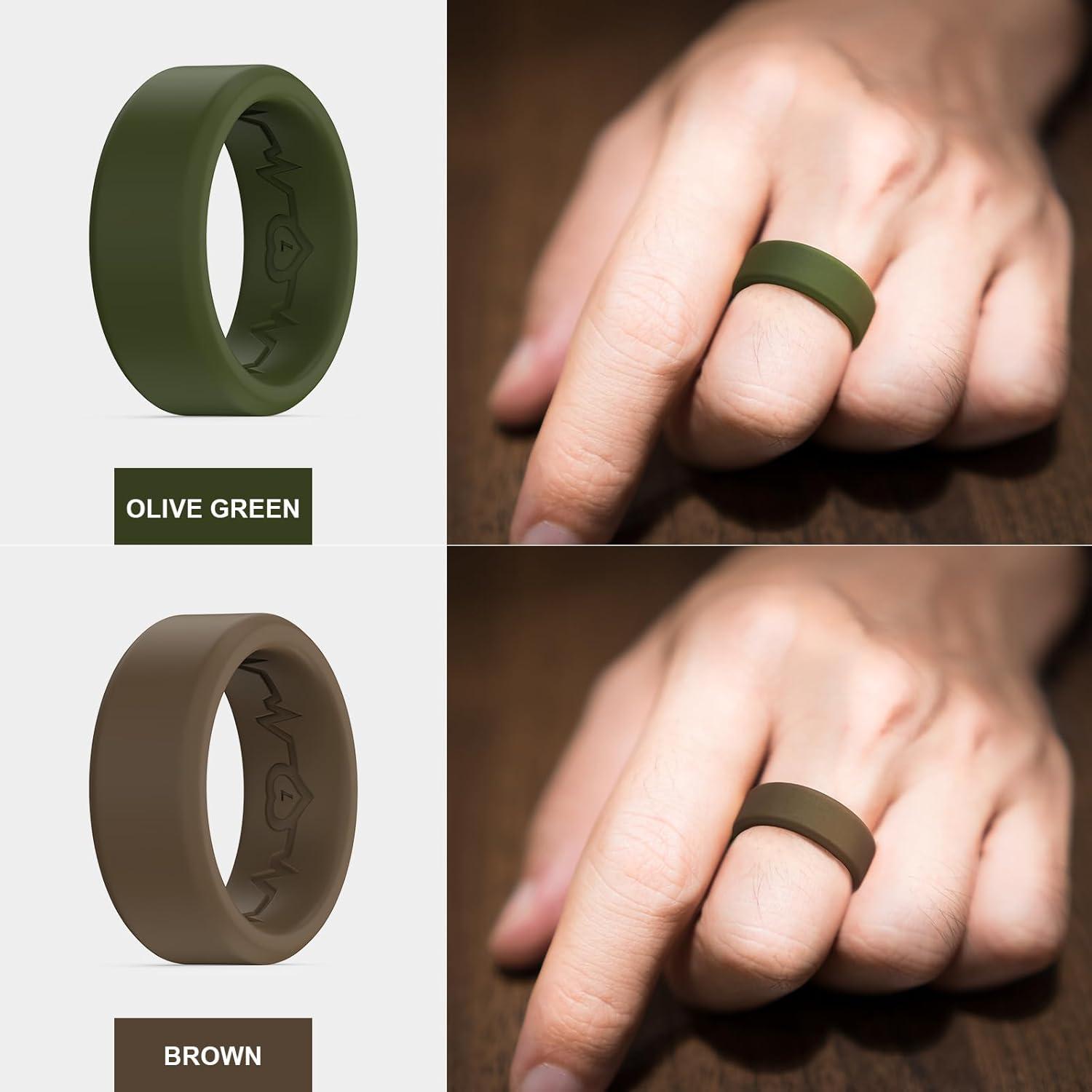 imageKing Will Mens Silicone Wedding Bands 8mm Comfort Fit with Unique Inner Groove Design Rubber Engagement Rings for Daily Wear and Activities 14 Variety MultipackBlack Dark Gray Green Brown