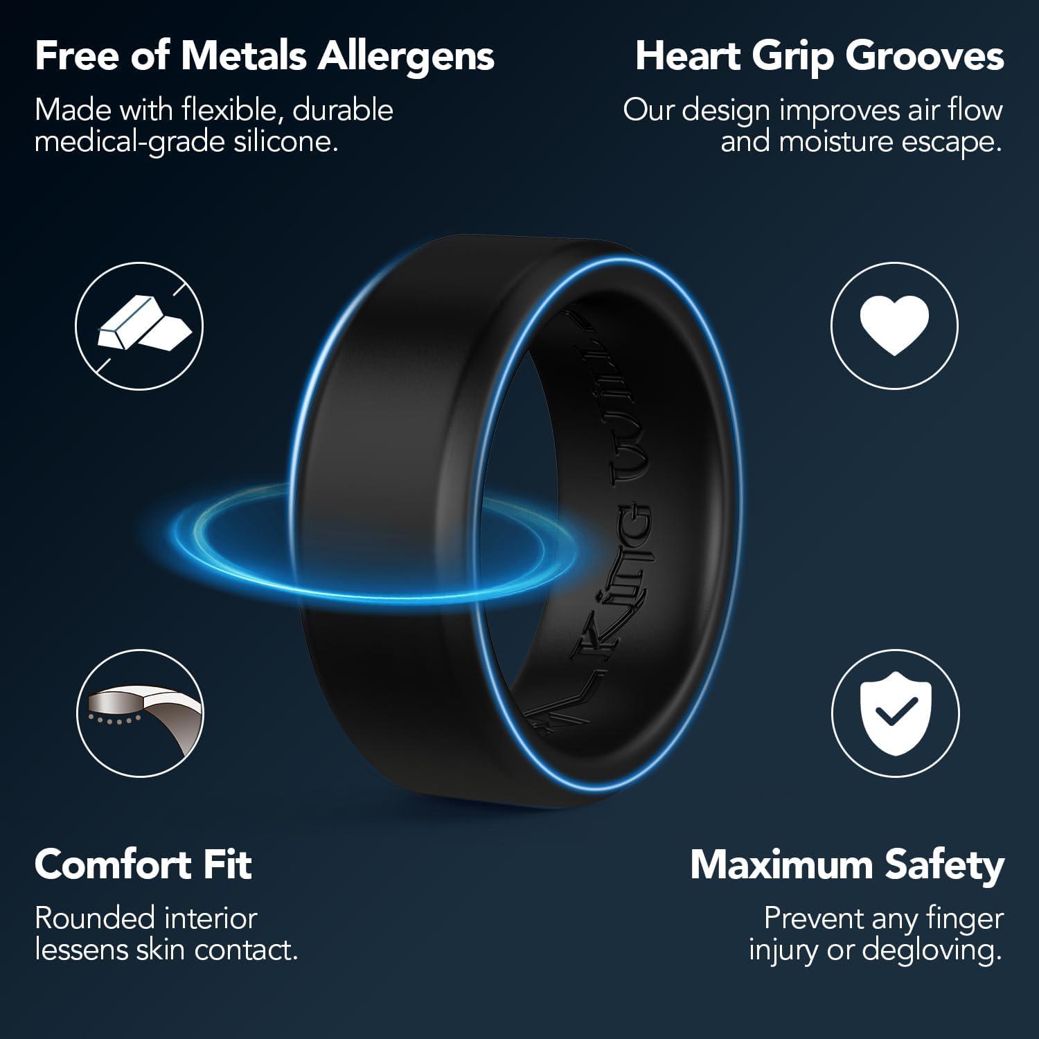 imageKing Will Mens Silicone Wedding Bands 8mm Comfort Fit with Unique Inner Groove Design Rubber Engagement Rings for Daily Wear and Activities 14 Variety MultipackBlack Light Gray Red Blue